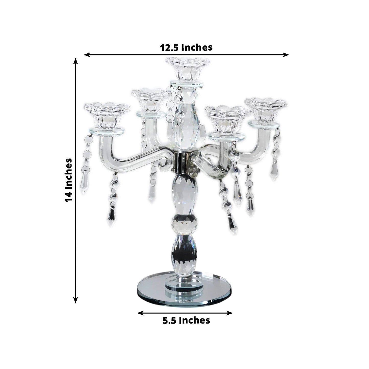 Crystal Taper Candle Holder with 5 Arms & Hanging Pendants â€“ Elegant Table Centerpiece 14’’ - Centerpieces