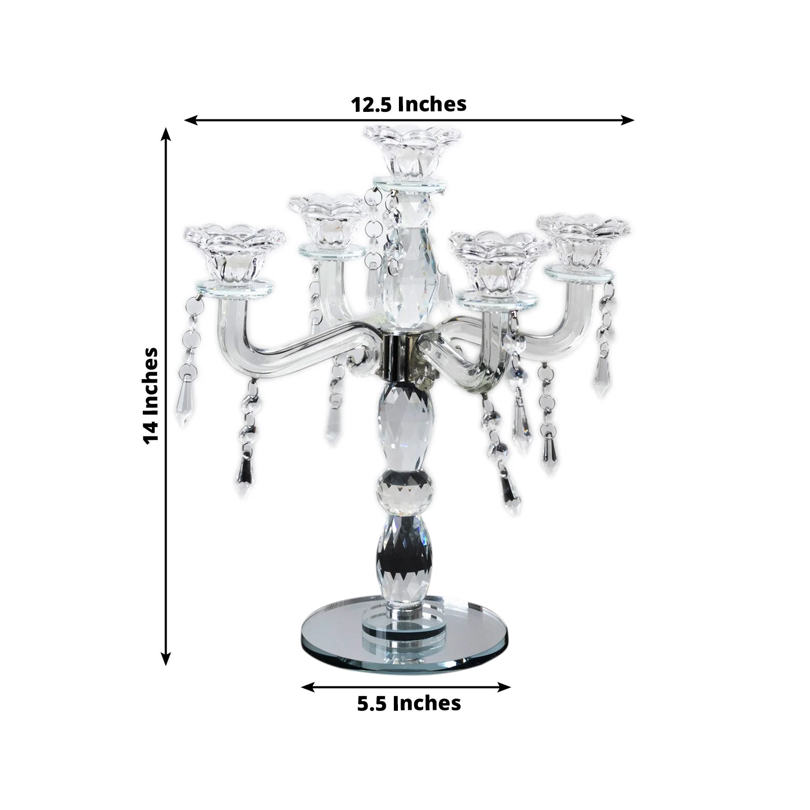Crystal Taper Candle Holder with 5 Arms & Hanging Pendants â€“ Elegant Table Centerpiece 14’’ - Centerpieces