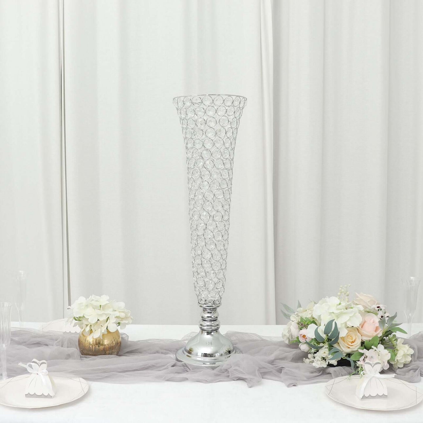 2-Pack Crystal Beaded Trumpet Vase Set Silver - Table Centerpiece for Weddings and Events 32"