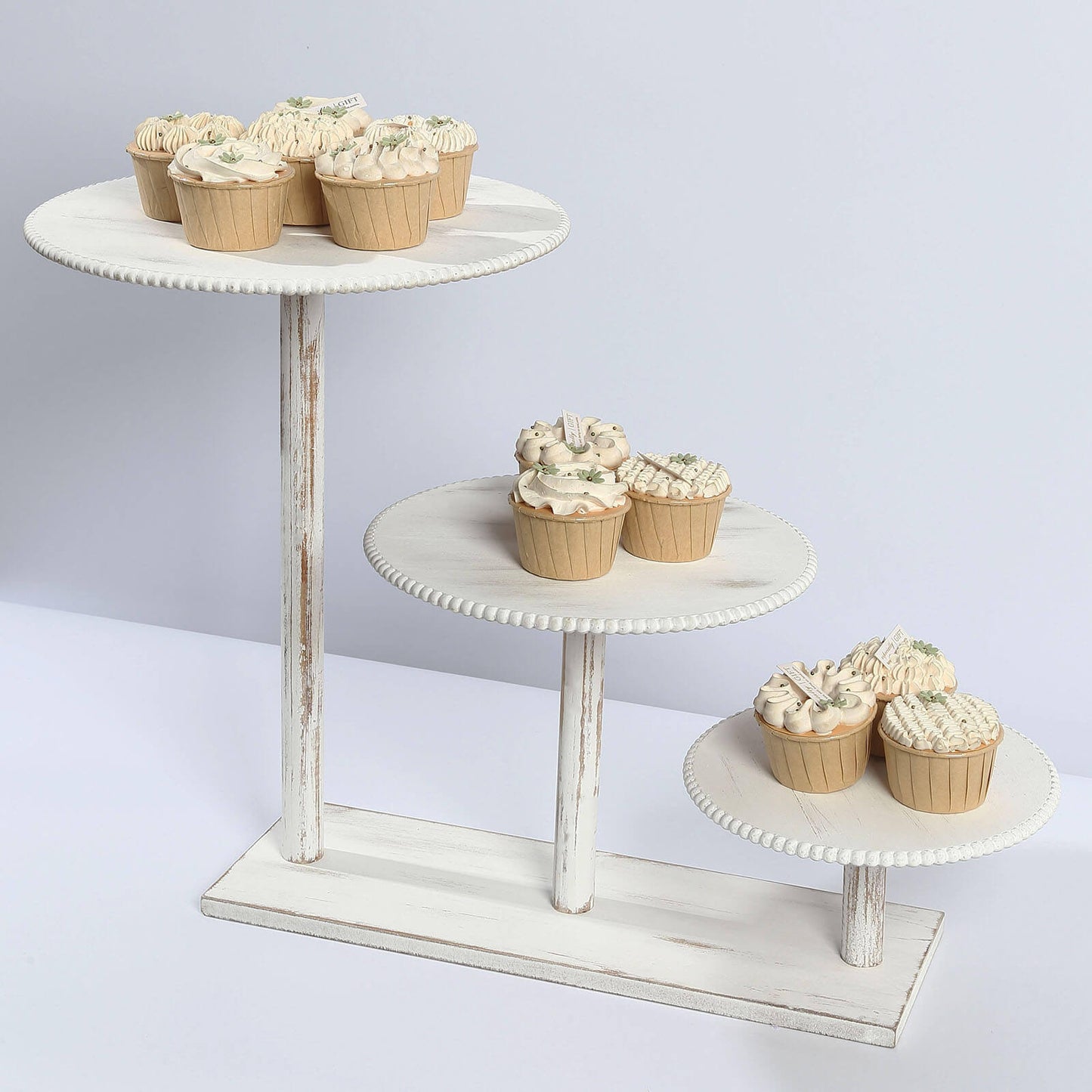 3-Tier Wooden Cake Stand Whitewash with Round Beaded Rim Trays - Rustic Cupcake Tower Dessert Display 24"x16"