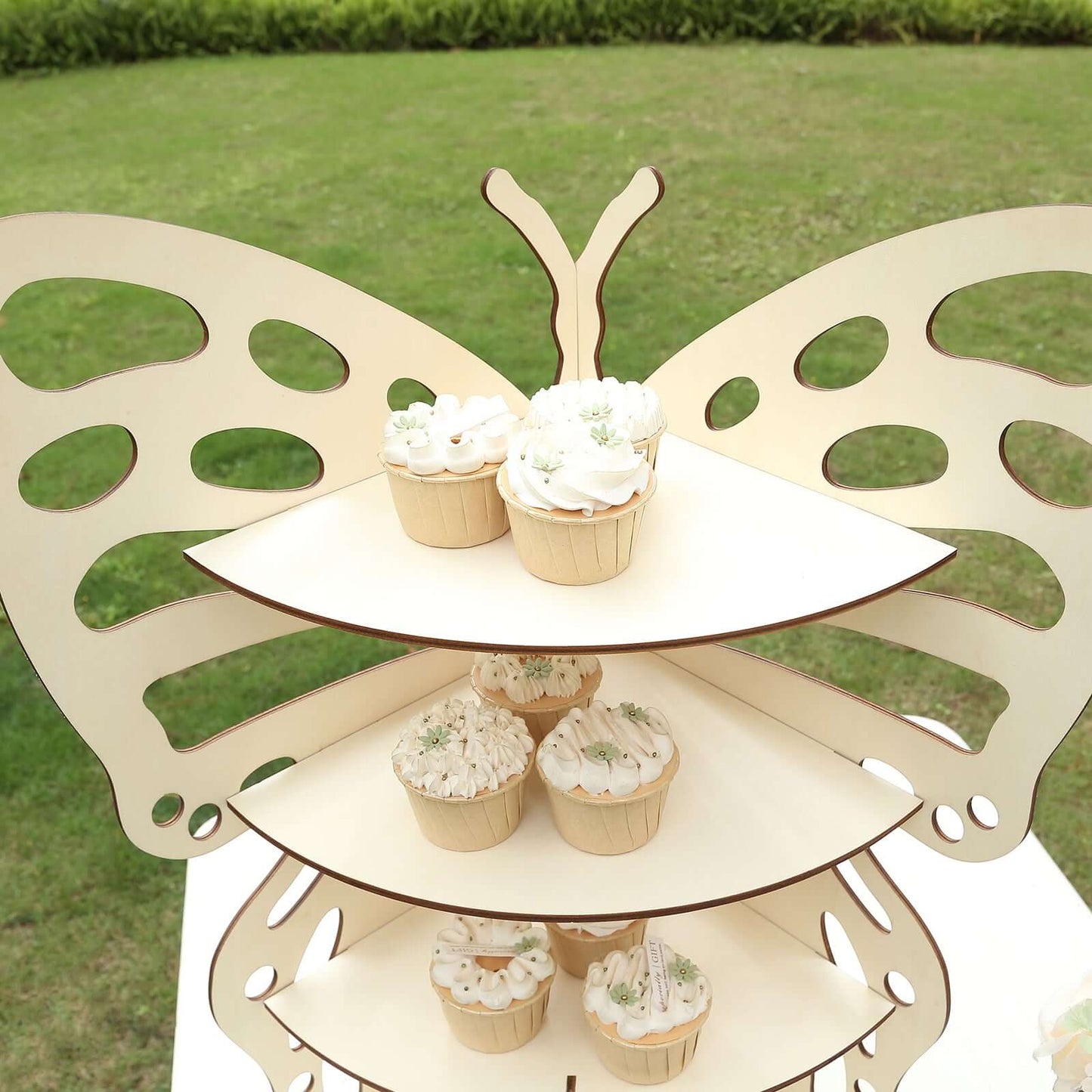 3-Tier Wooden Cupcake Stand Butterfly Design Natural - Rustic Dessert Display Shelf Rack 24"