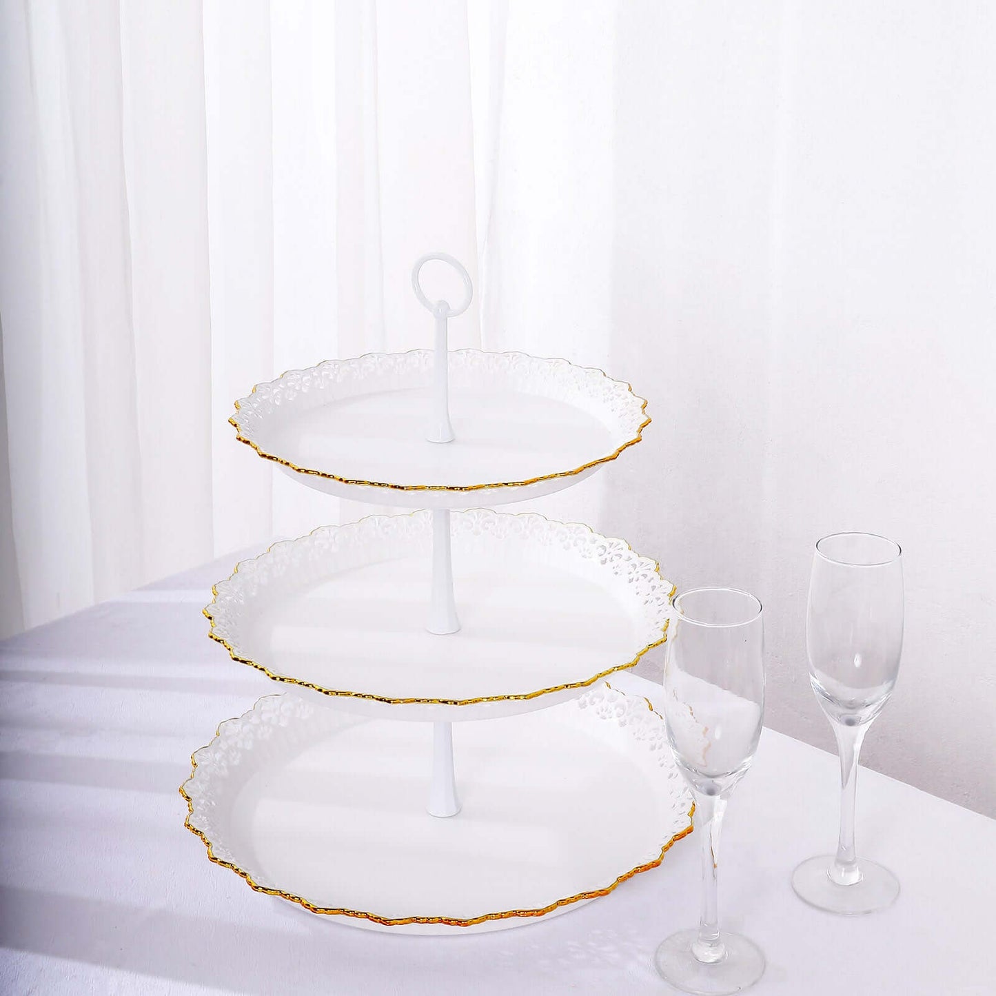 3-Tier Plastic Round Cupcake Stand 15" White with Lace Gold Rim Scalloped Edges