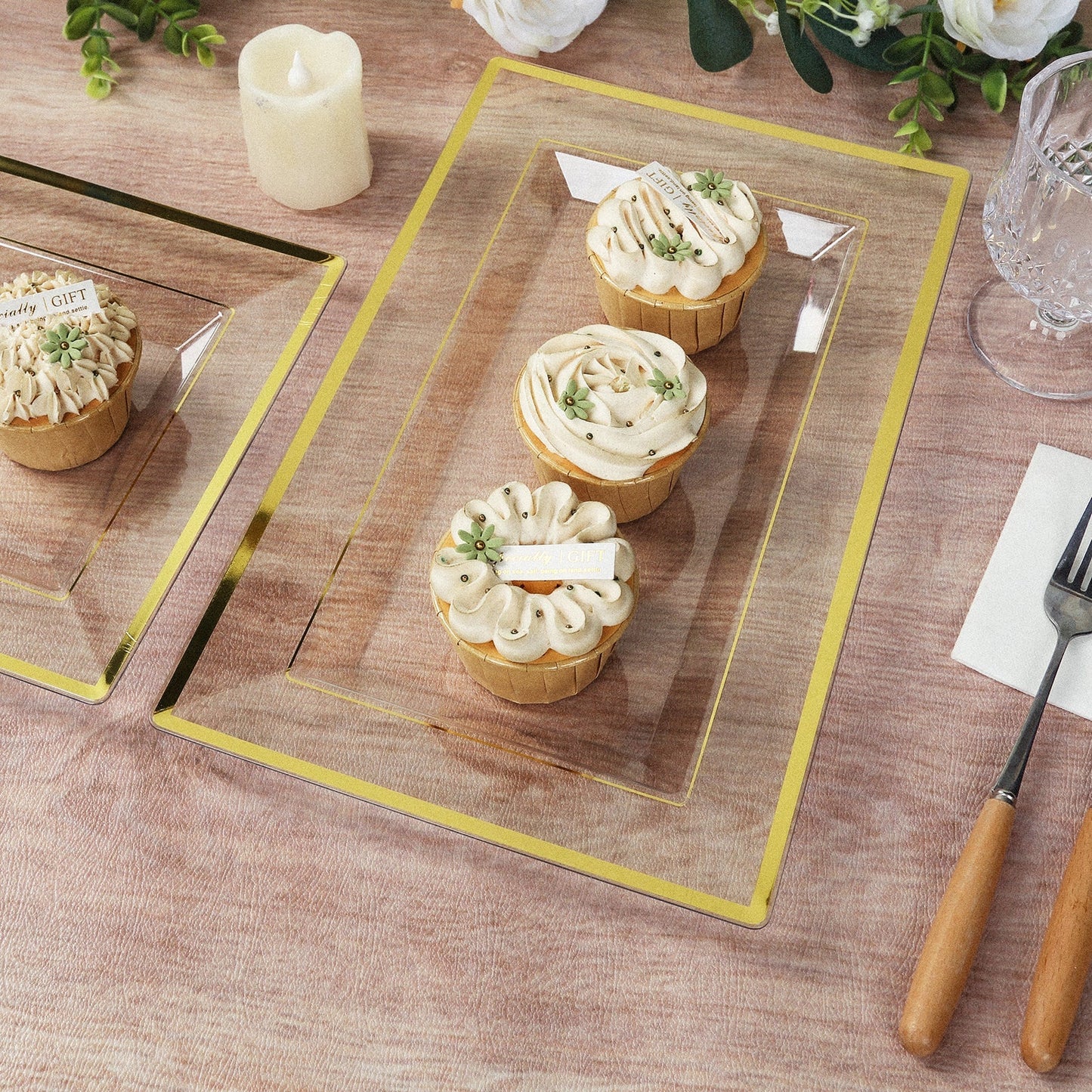 10-Pack Plastic 13"x8" Rectangle Serving Trays Clear with Gold Rim - Durable Reusable Sleek Design for Upscale Events & Parties