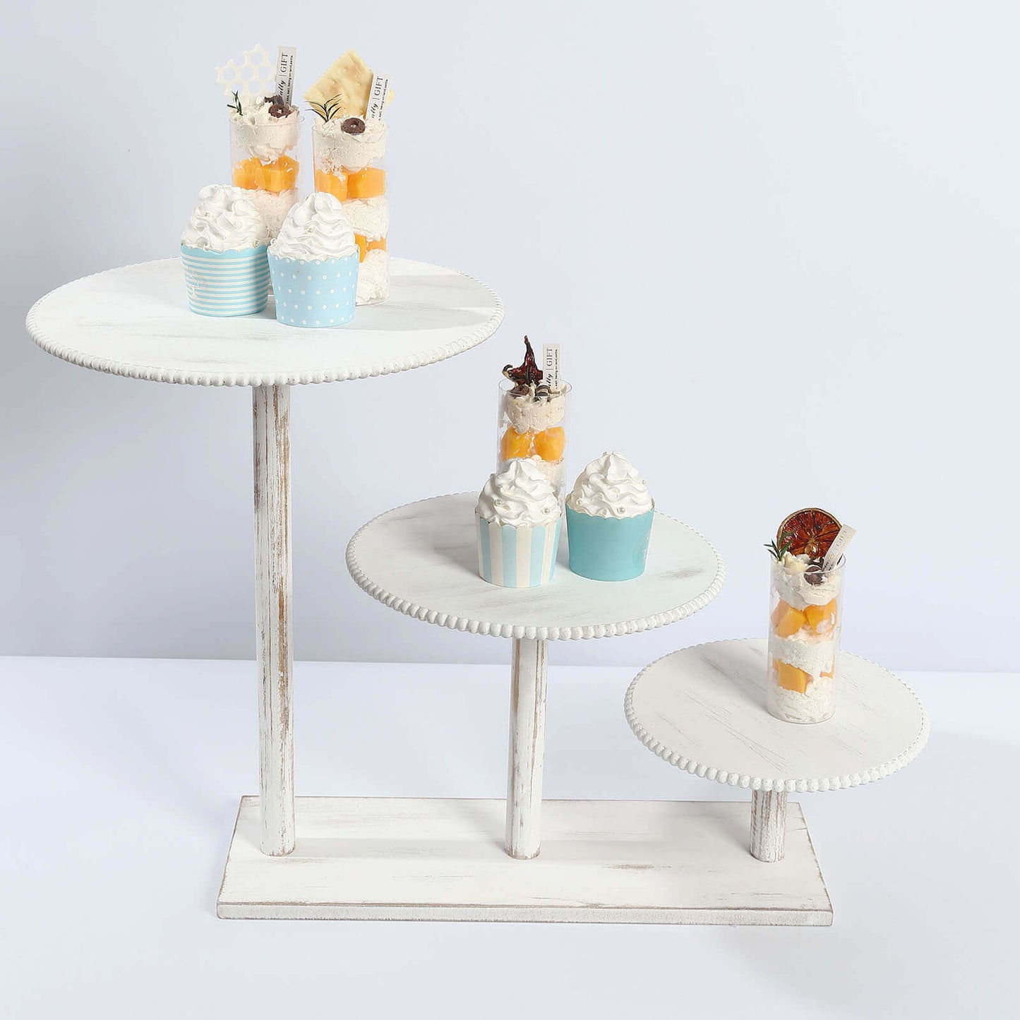 3-Tier Wooden Cake Stand Whitewash with Round Beaded Rim Trays - Rustic Cupcake Tower Dessert Display 24"x16"