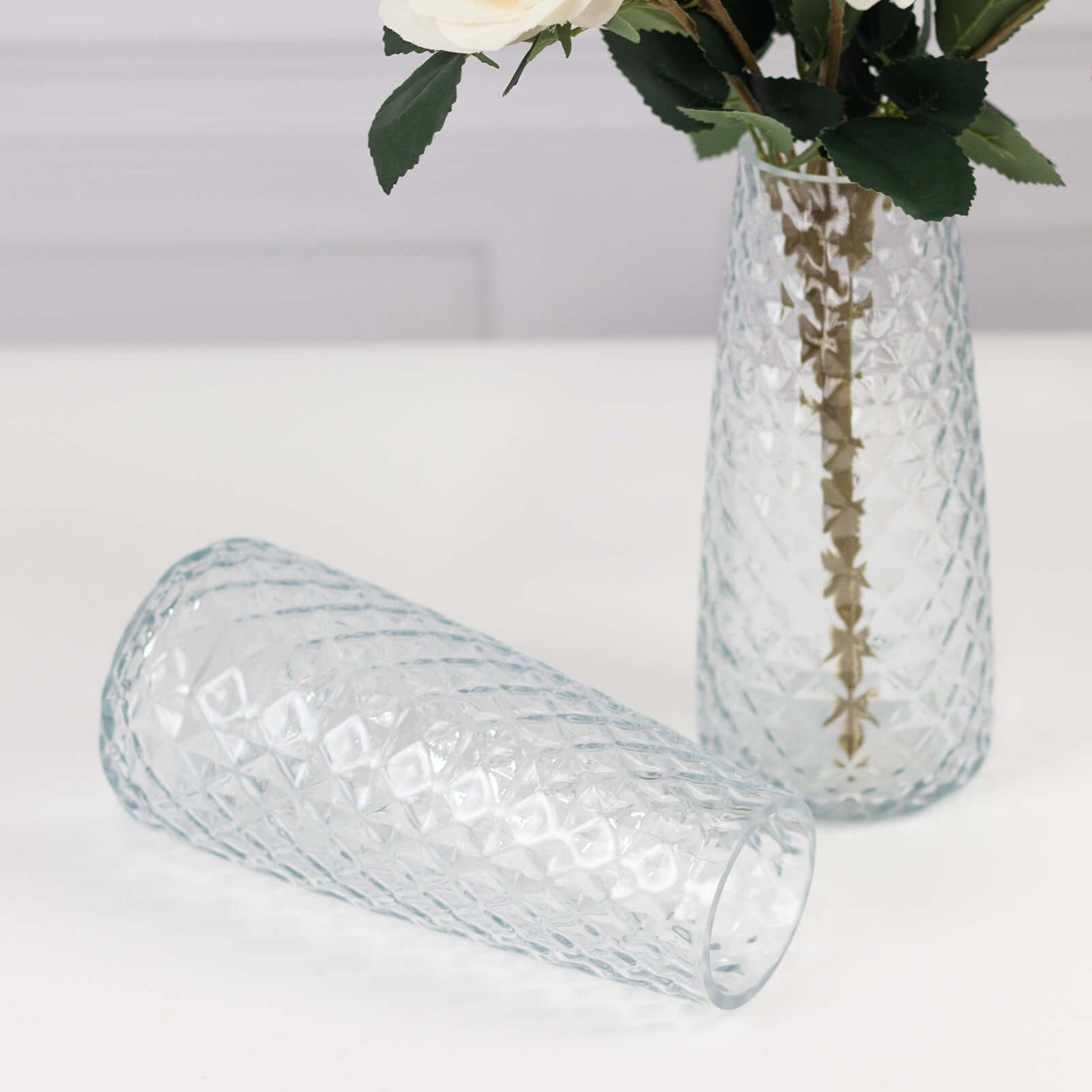 6-Pack Glass Urn Vases Clear with Diamond Crystal Cut Pattern - Stylish Decorative Design for Event Decor 8.5"