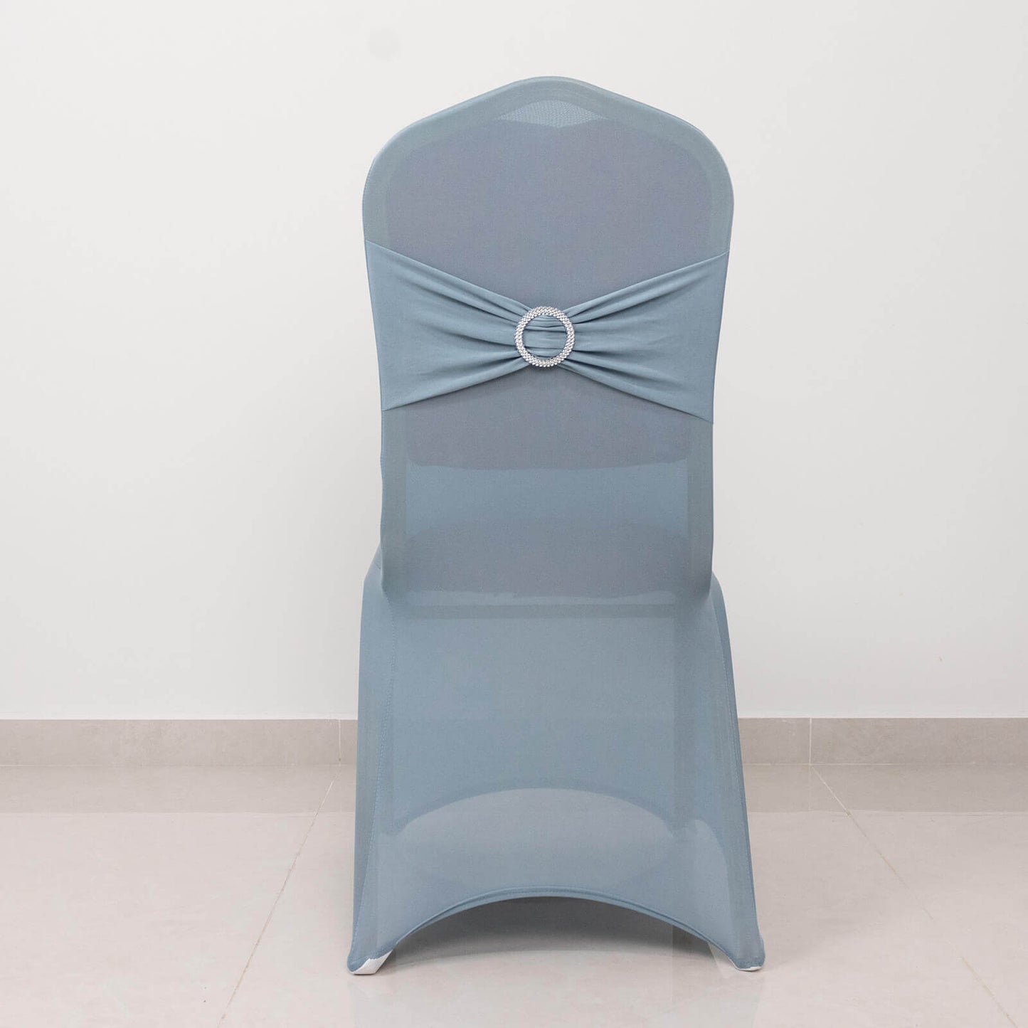 Spandex Chair Cover with Silver Rhinestone Buckled Sash Band Dusty Blue - Stretch Fitted Slipcover