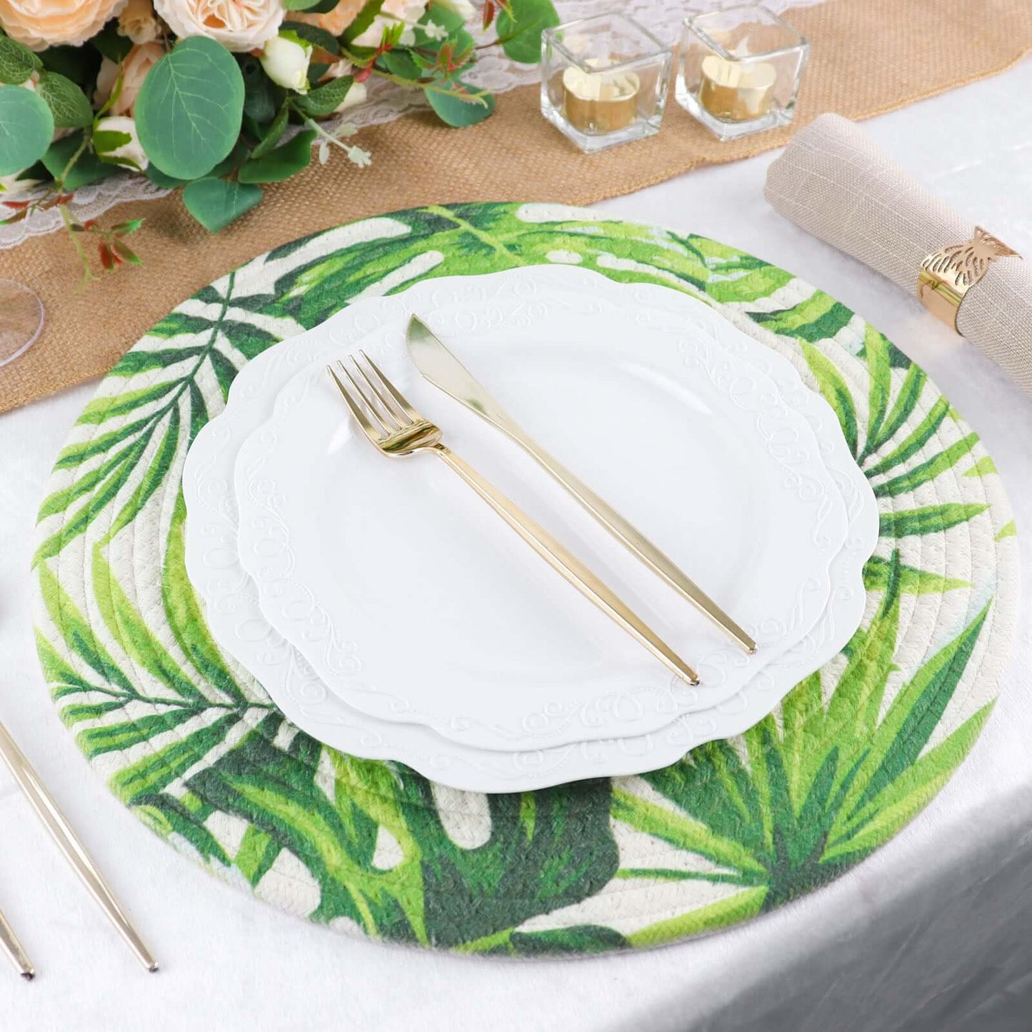 4-Pack Table Placemats Tropical Leaf Design Green Cotton Round - Woven Indoor/Outdoor Dining Mats 15"