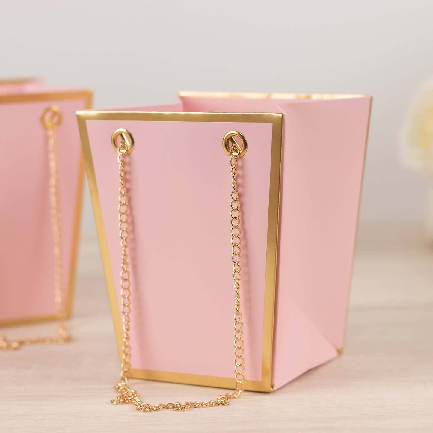 6 Pack Pink Gold Edge Paper Flower Gift Bags With Metal Chain Handles, Trapezoid Party Favor Tote Bags - 5"x6"