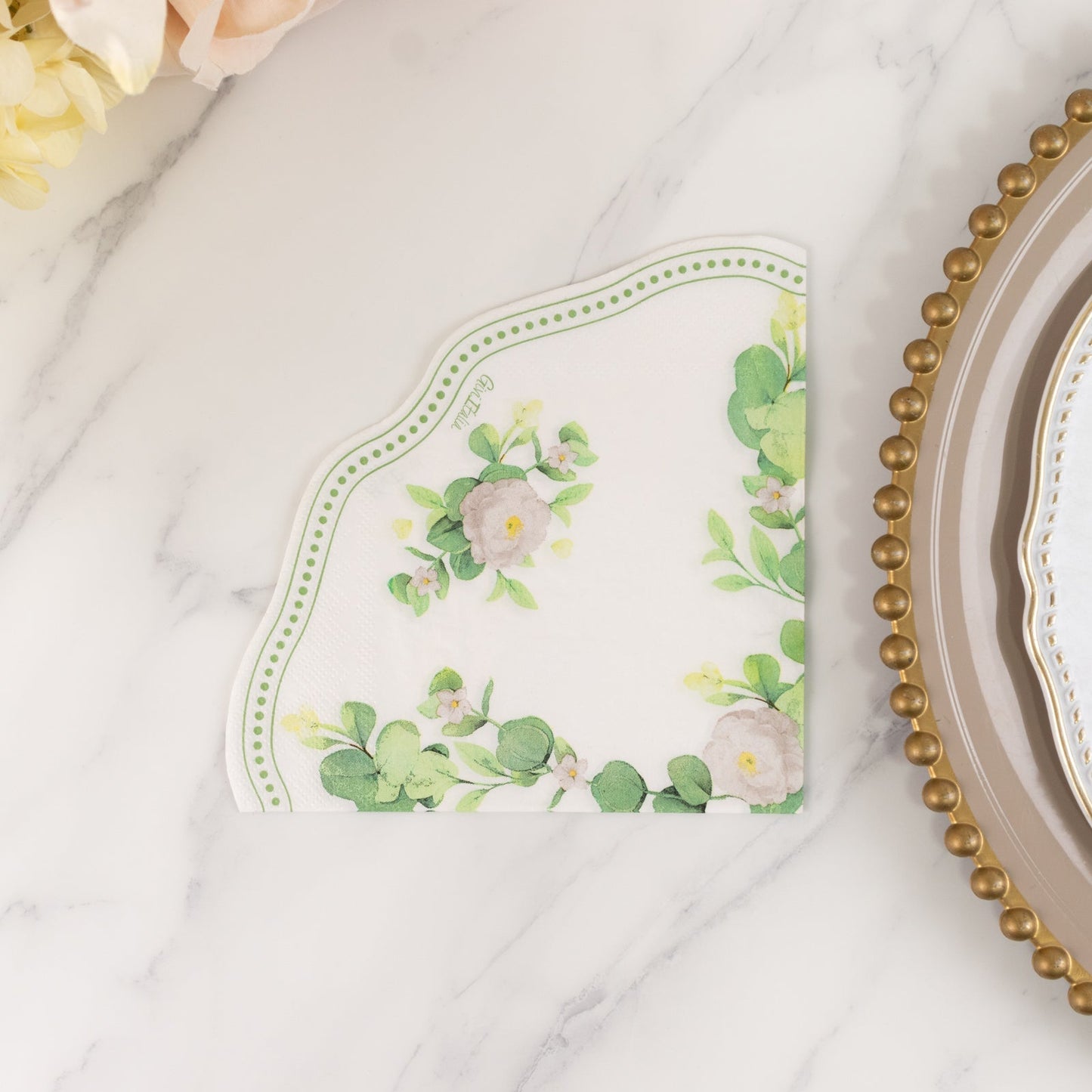 25-Pack Round Paper Cocktail Napkins with Floral Greenery and Scalloped Edge White - Disposable 2 Ply Beverage Napkins 6.25"x6.25"