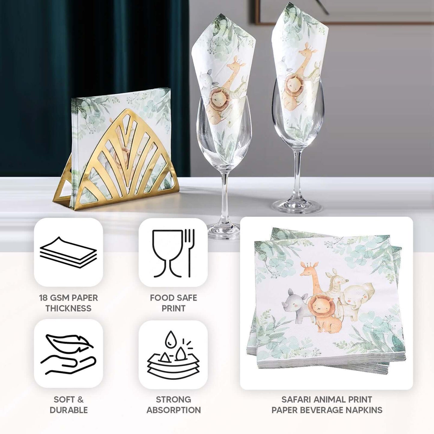 20-Pack Paper Beverage Napkins with Safari Animal Print - Jungle Theme 2 Ply Disposable Party Napkins 6.5"x6.5" 18GSM