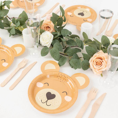25-Pack Paper 7" Round Plates Brown Teddy Bear Print - Disposable 300GSM Cute Bear Themed Appetizer Dessert Party Plates for Baby Shower Birthday Event Decoration
