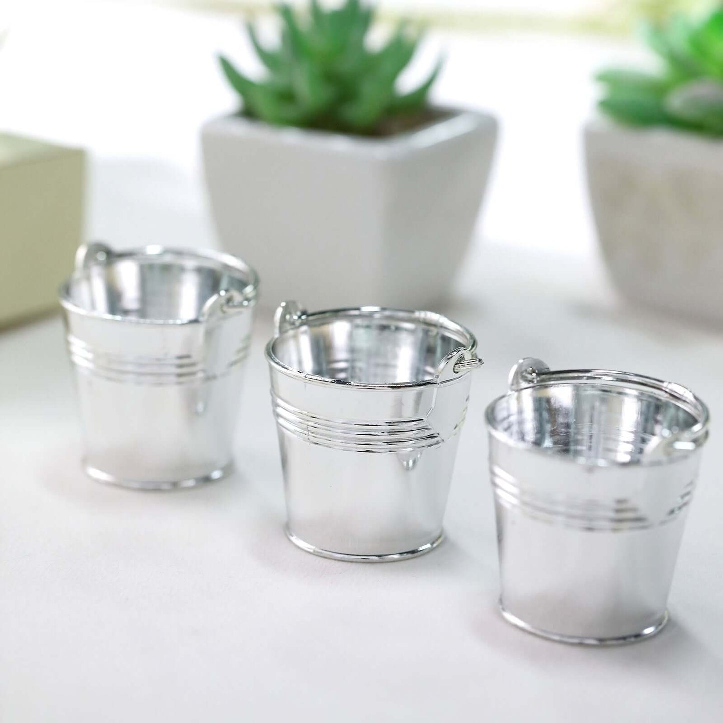12 Pack 2" Silver Mini Planter Treat Party Favor Boxes, Small Pail Bucket Candy Container Gift Boxes