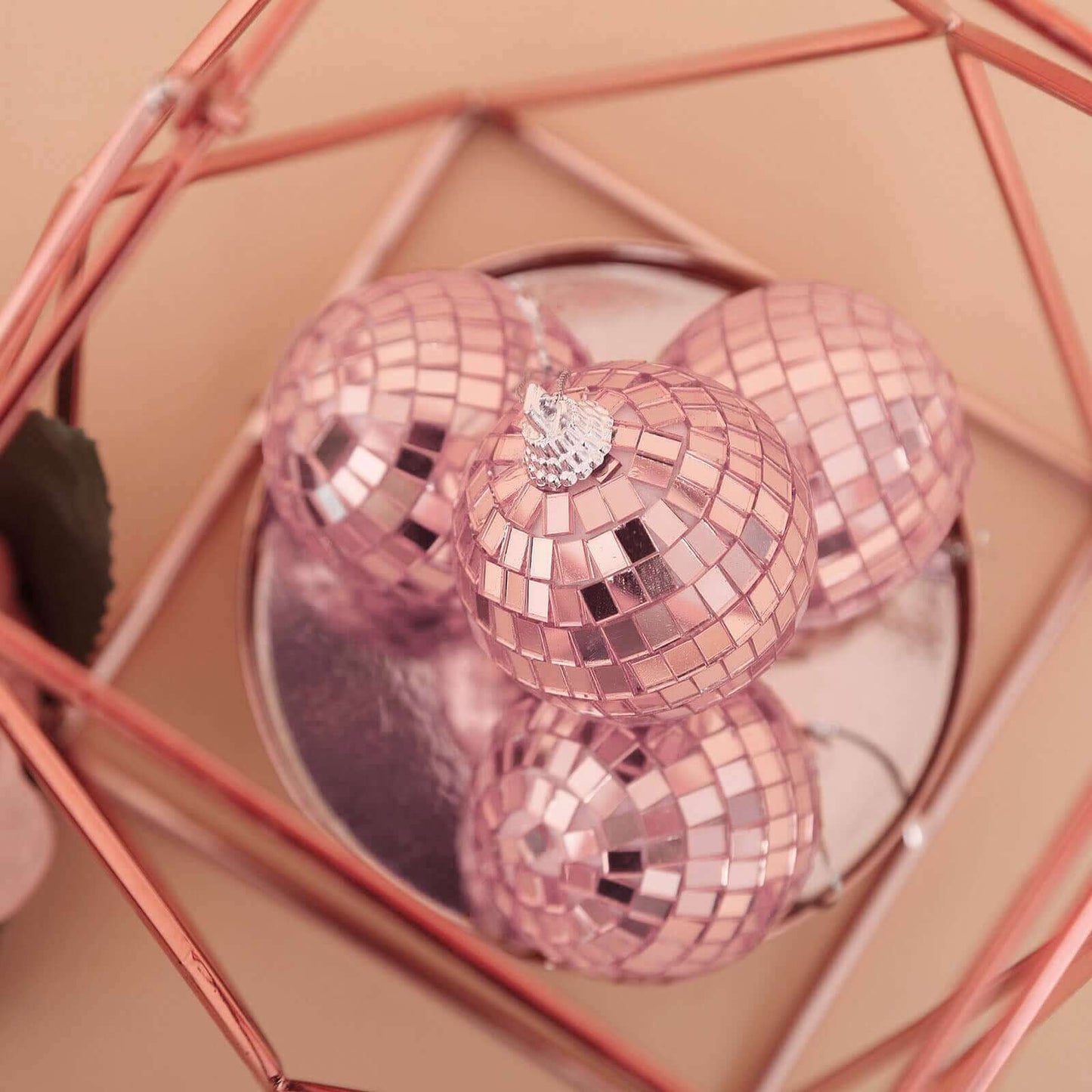 6 Pack 2" Rose Gold Foam Disco Mirror Ball With Hanging Strings, Holiday Christmas Ornaments