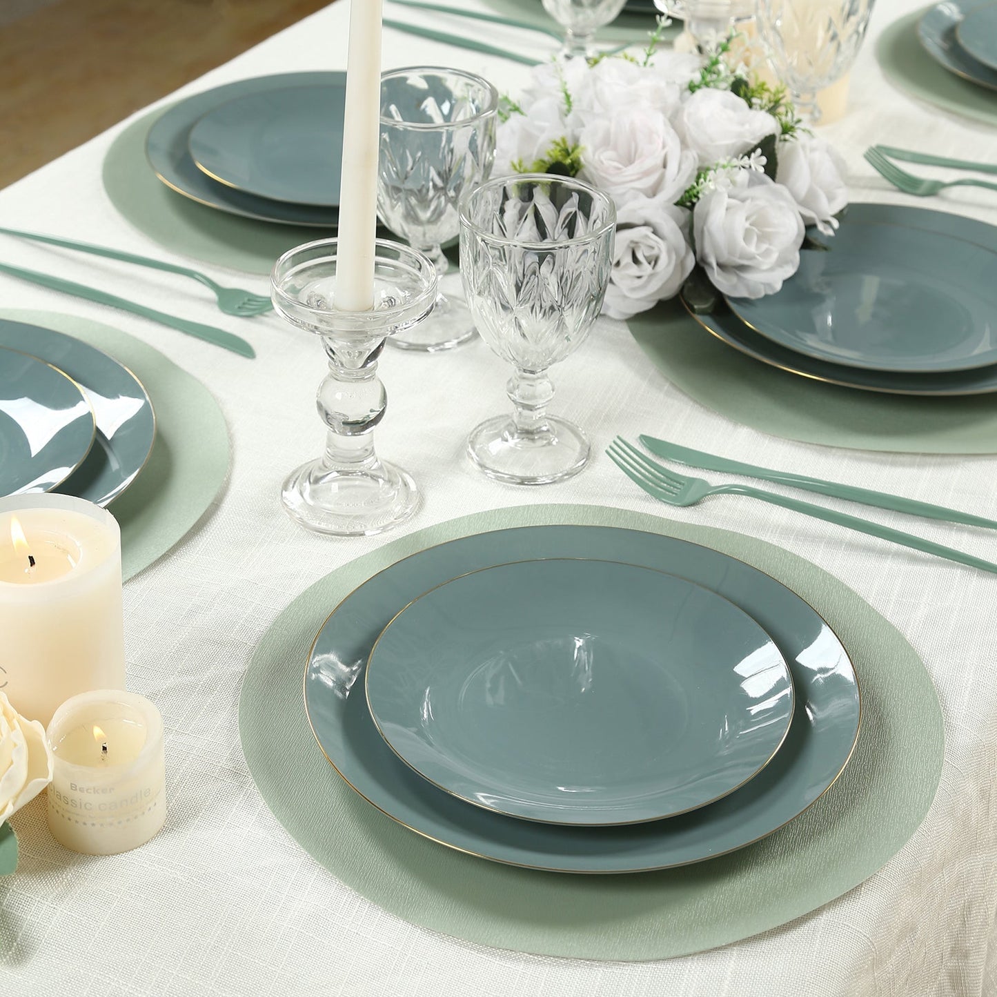 50 Pack 13" Round Disposable Paper Placemats â€“ Sage Green Cardboard Dining Table Mats, 120 GSM