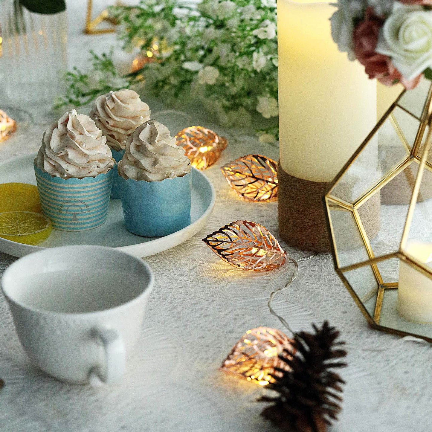 10 LED Fairy String Light Garland Rose Gold Leaves Design Warm White - Battery Operated Party Lights 5ft