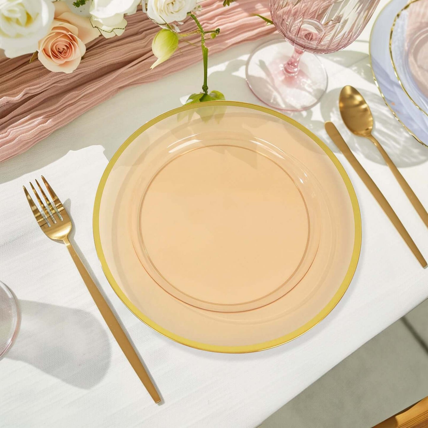 10-Pack Economy Plastic Round Charger Plates 12" in Transparent Amber Gold with Wide Gold Rim, Decorative Dinner Party Serving Plates