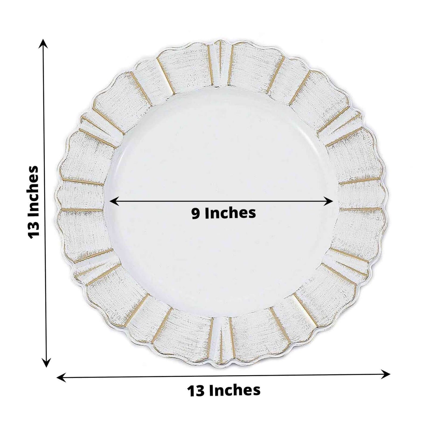 6-Pack Acrylic Plastic Round Charger Plates 13" in White with Gold Brushed Wavy Scalloped Rim, Decorative Dinner Party Charger Tableware
