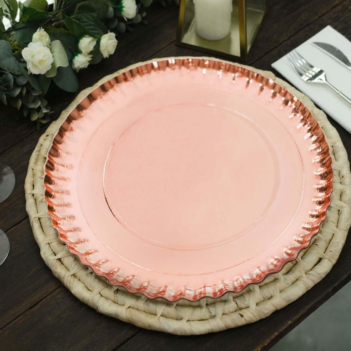 10-Pack Paper 13" Round Charger Plates in Rose Gold with Scalloped Rims - Heavy Duty Disposable 1100GSM Serving Trays