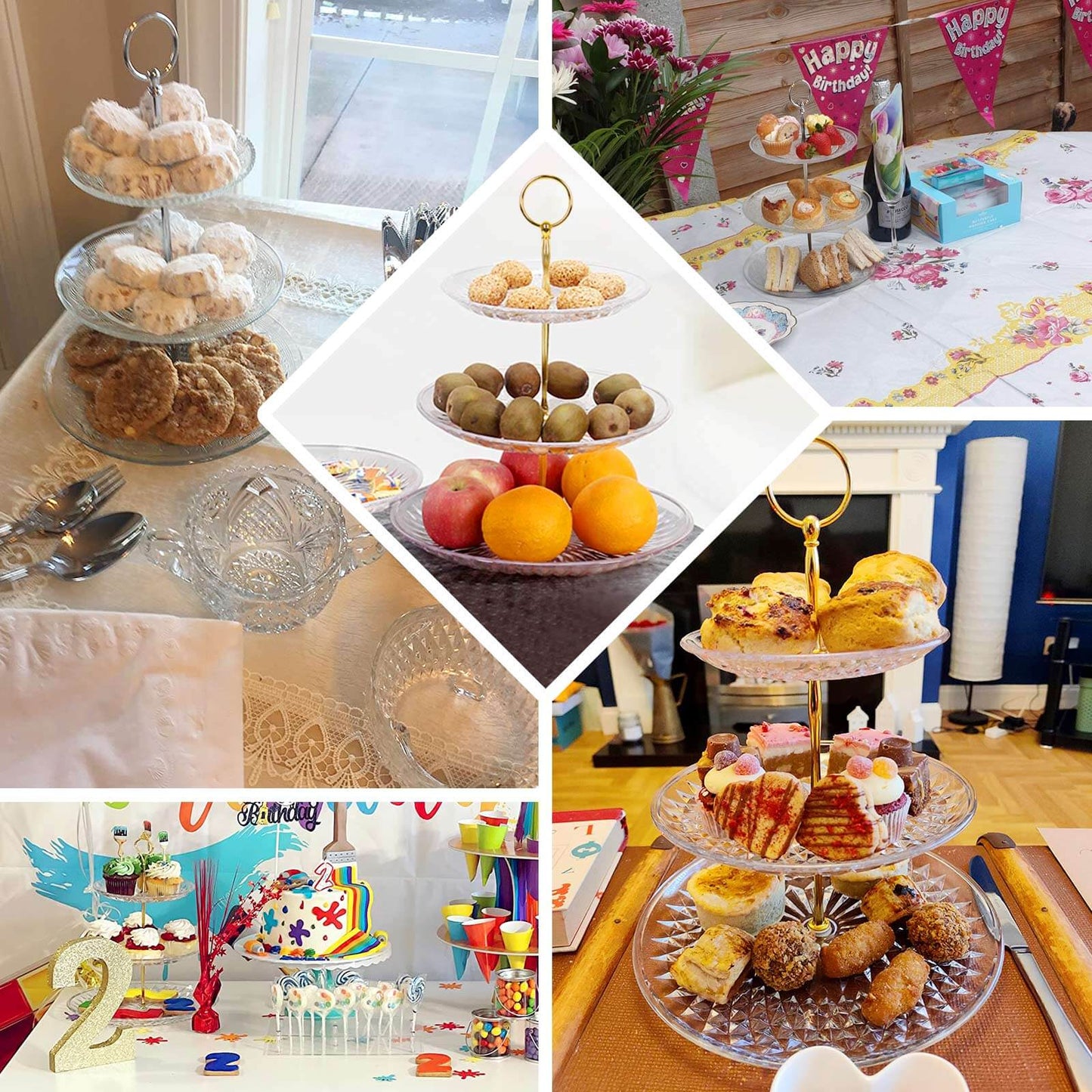 3-Tier Acrylic Cupcake Stand Clear - Sturdy Dessert Serving Tray Platter with Gold Top Handles for Classy Special Occasions & Dessert Buffets 12"