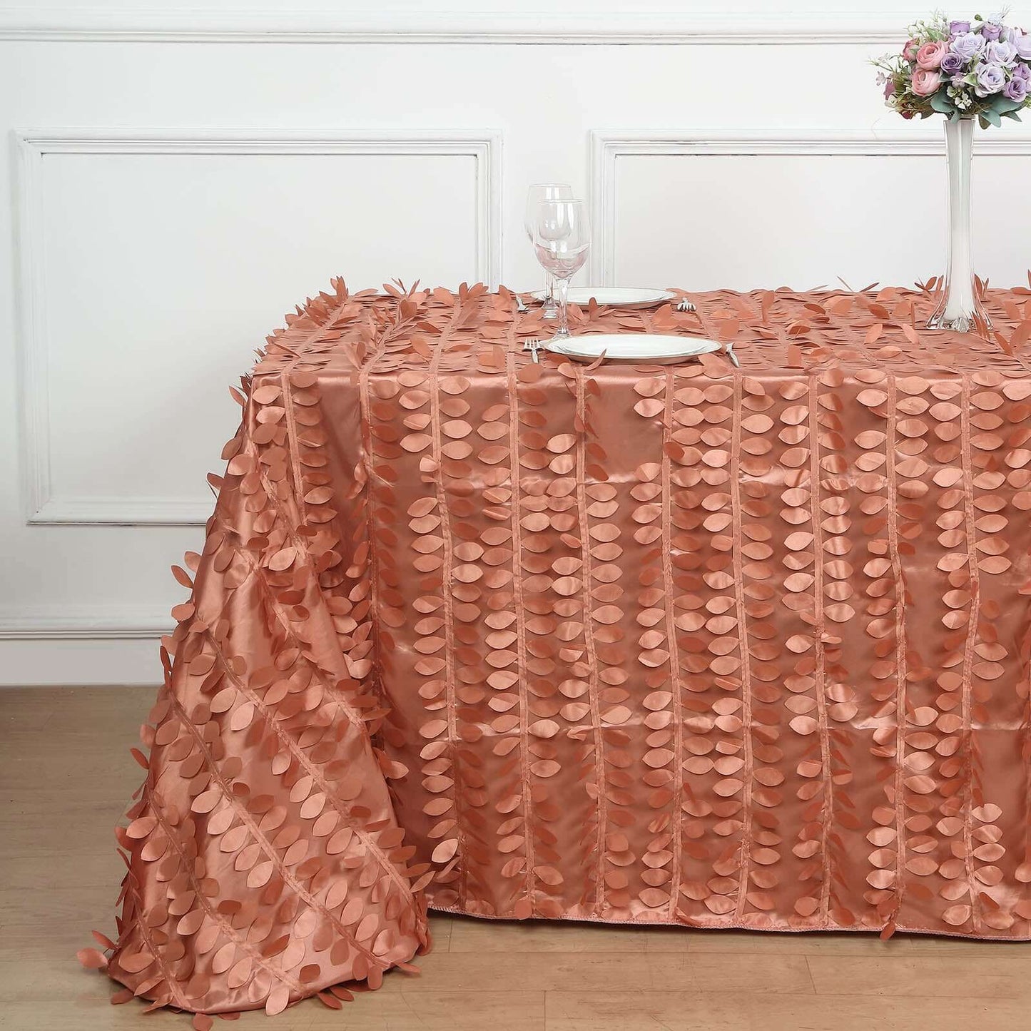 Taffeta 90"x156" Rectangle Tablecloth Terracotta (Rust) | 3D Leaf Petal Design Seamless Table Cover