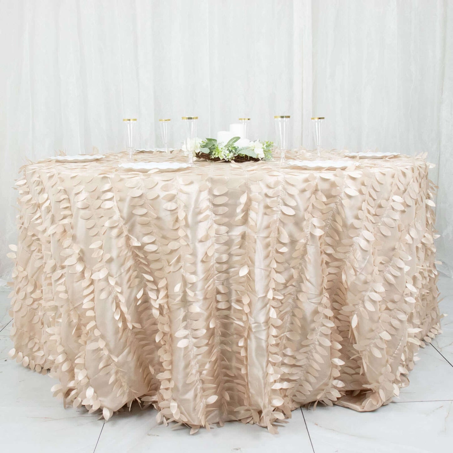 Taffeta 132" Round Tablecloth Beige | 3D Leaf Petal Design Seamless Table Cover