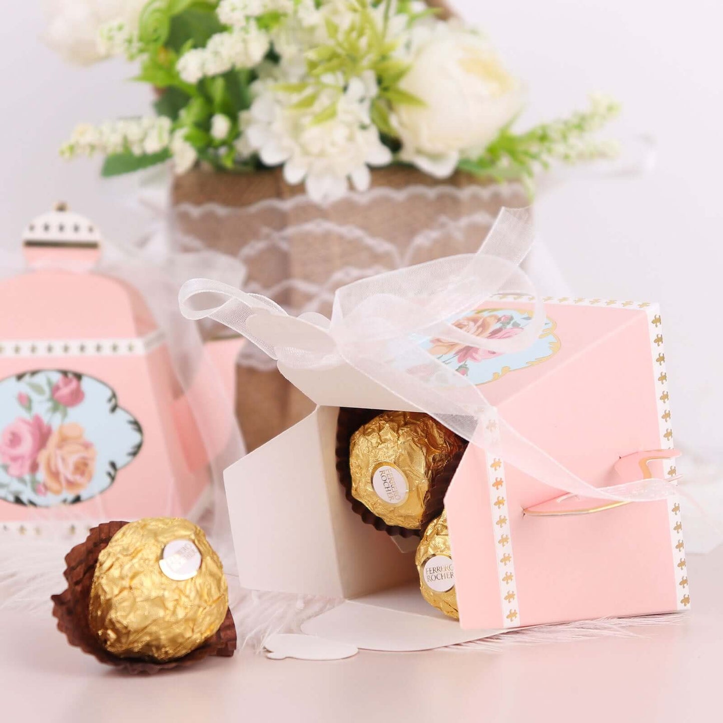 25 Pack 4" Dusty Rose Mini Teapot Favor Boxes, Vintage Rose Gift Boxes with Ribbons