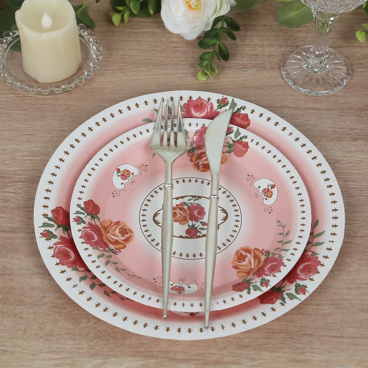 25-Pack Paper 7" Round Dessert Plates in Dusty Rose with Vintage Rose Flower Print - Disposable Appetizer Salad Plates