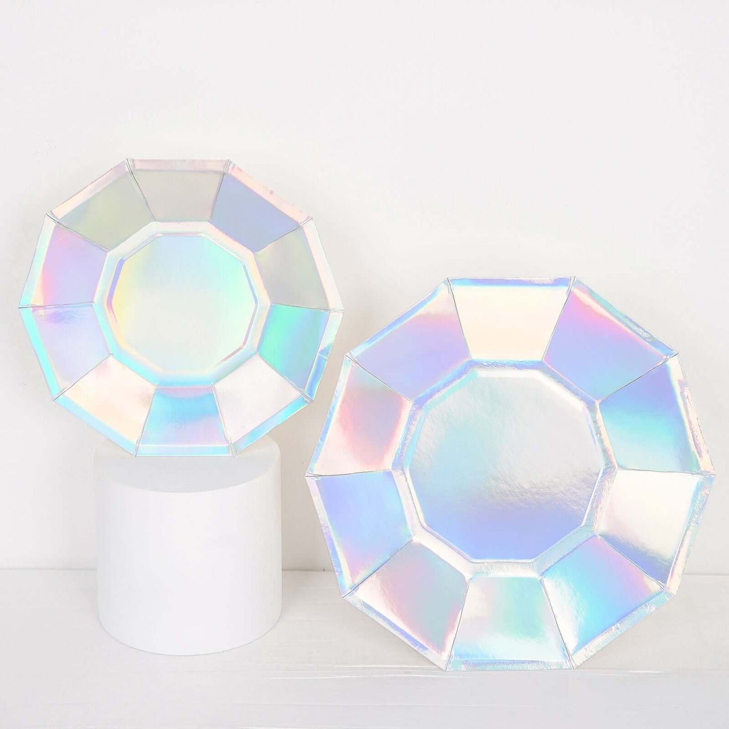 25-Pack Paper 7.5" Decagon Dessert Plates in Iridescent - Disposable Holographic Salad Plates for Starry Night & Fairytale Parties