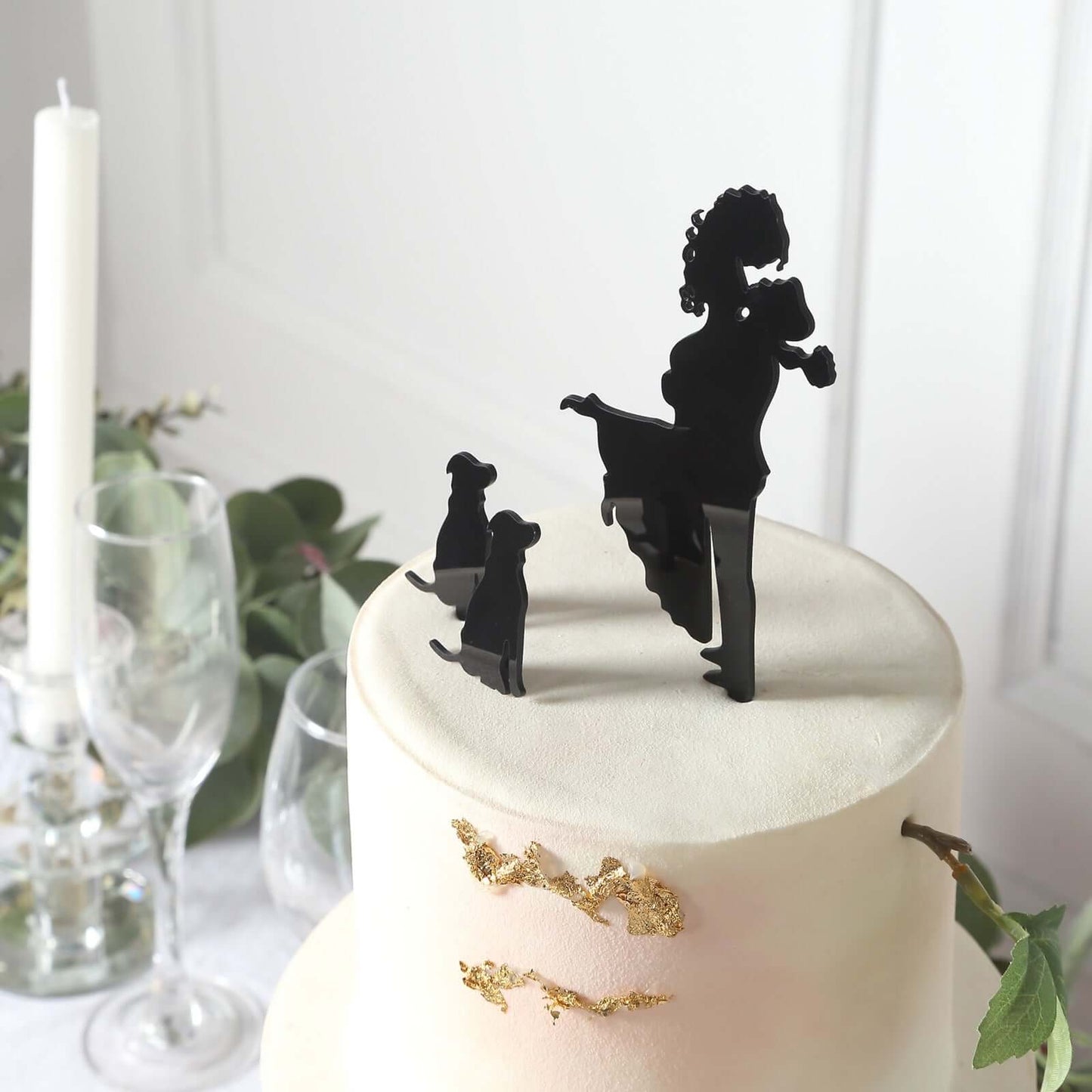 Acrylic Cake Toppers Black Silhouette Design of Bride, Groom, and Pet Dogs - Wedding Cake Decoration Set 7"