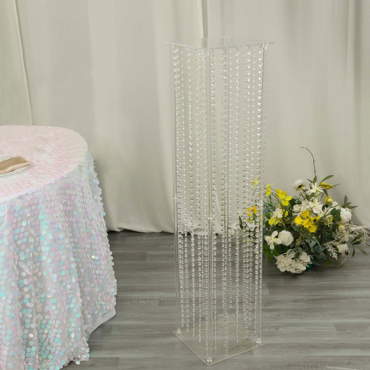 Acrylic Flower Pedestal Vase Pillar Stand with Crystal Beads Clear - Durable Wedding Floor Centerpiece for Large Displays 48"