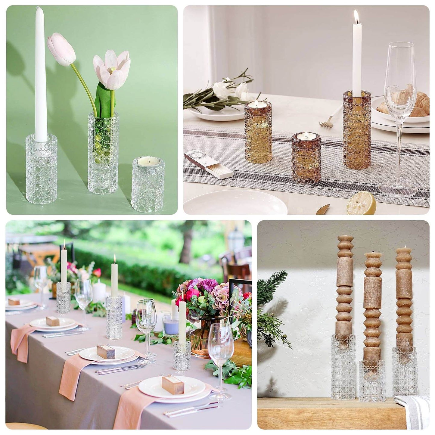 Set of 3 Glass Taper Candle Holders Amber Gold with Gemstone Pattern - Dual Sided Crystal Cylinder Tealight Stands 3", 4", 5.5"