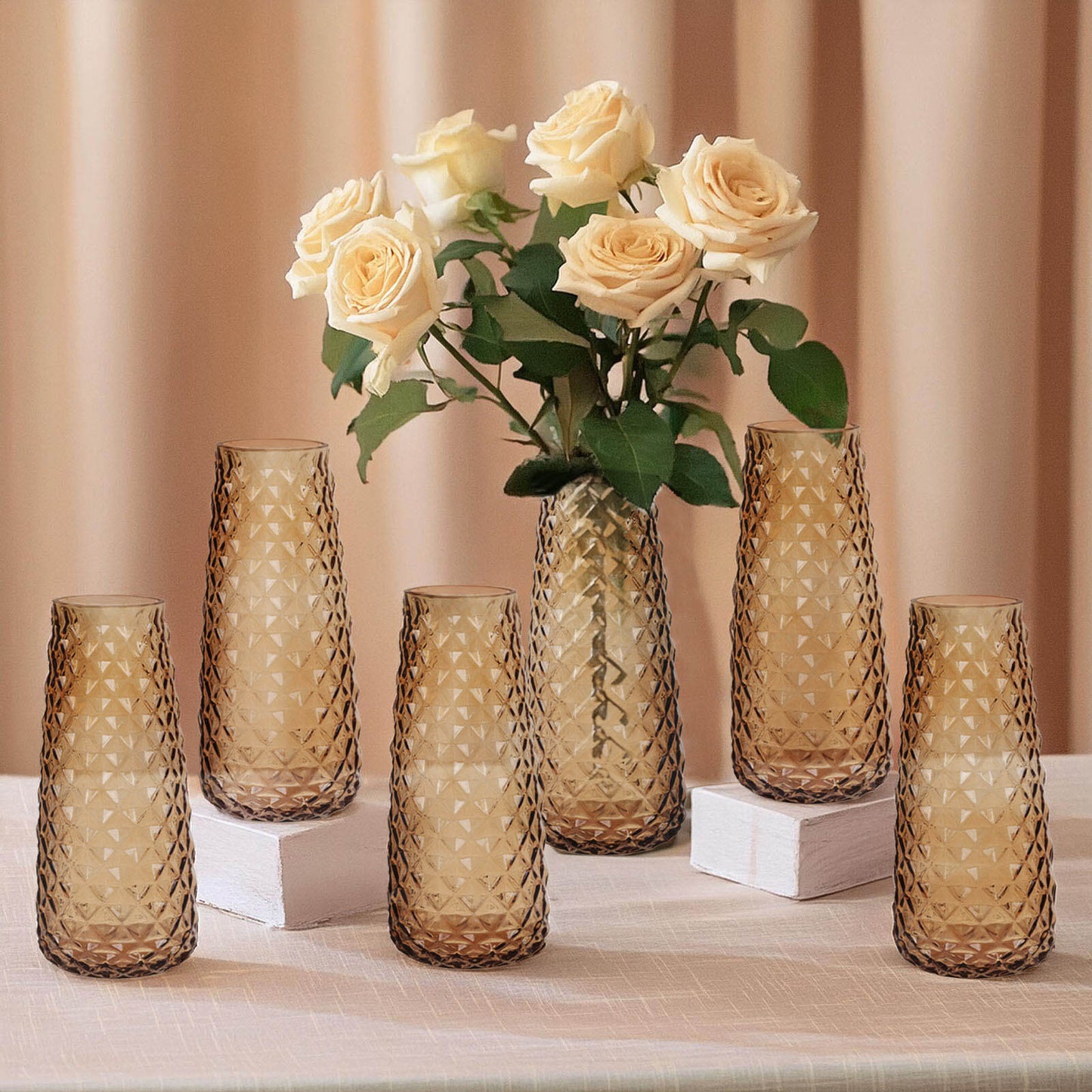 6-Pack Glass Urn Vases Amber Gold with Diamond Crystal Cut Pattern - Stylish Decorative Design for Event Decor 8.5"