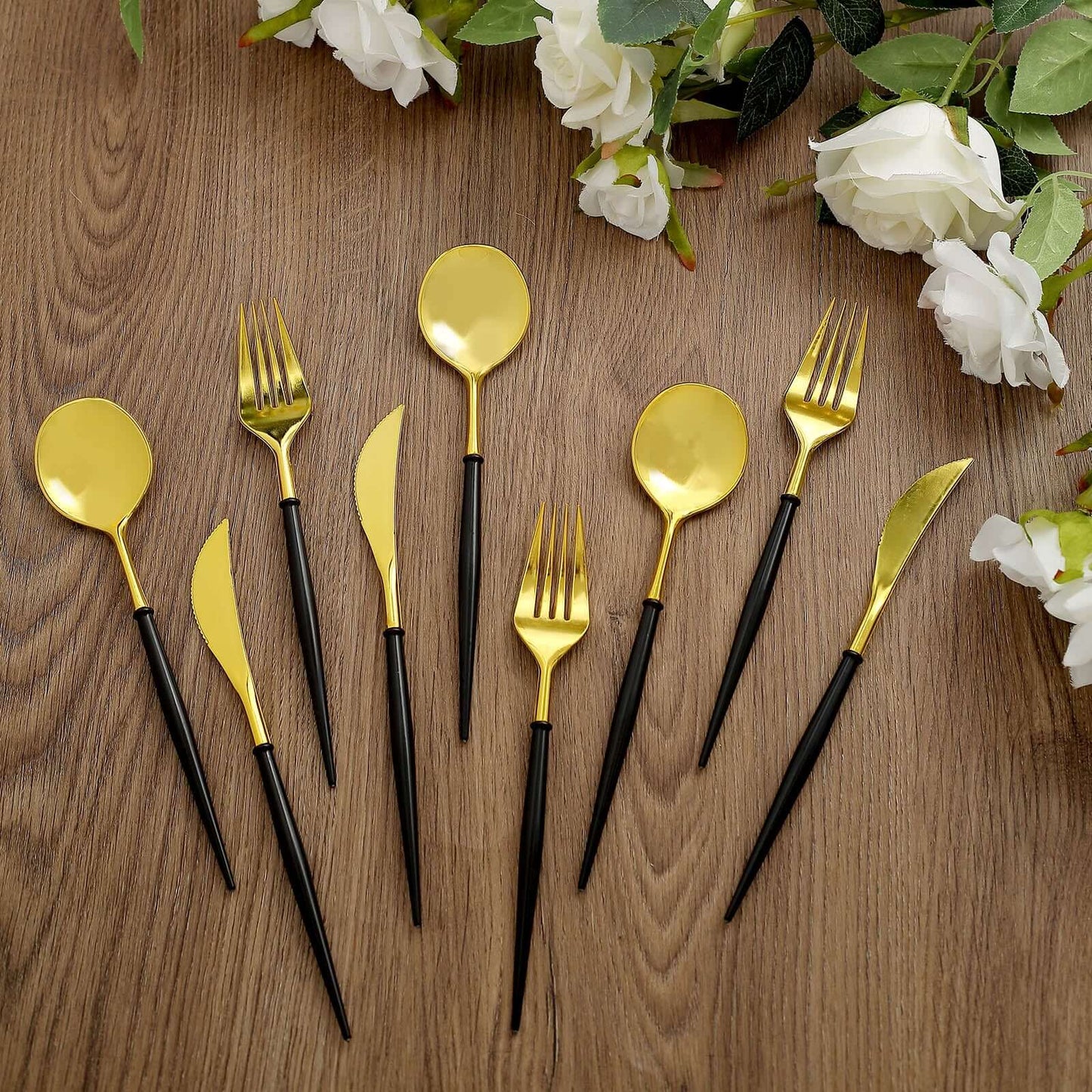 24-Pack Plastic Flatware Set in Metallic Gold with Black Handle - Heavy Duty Disposable Modern Silverware 8"
