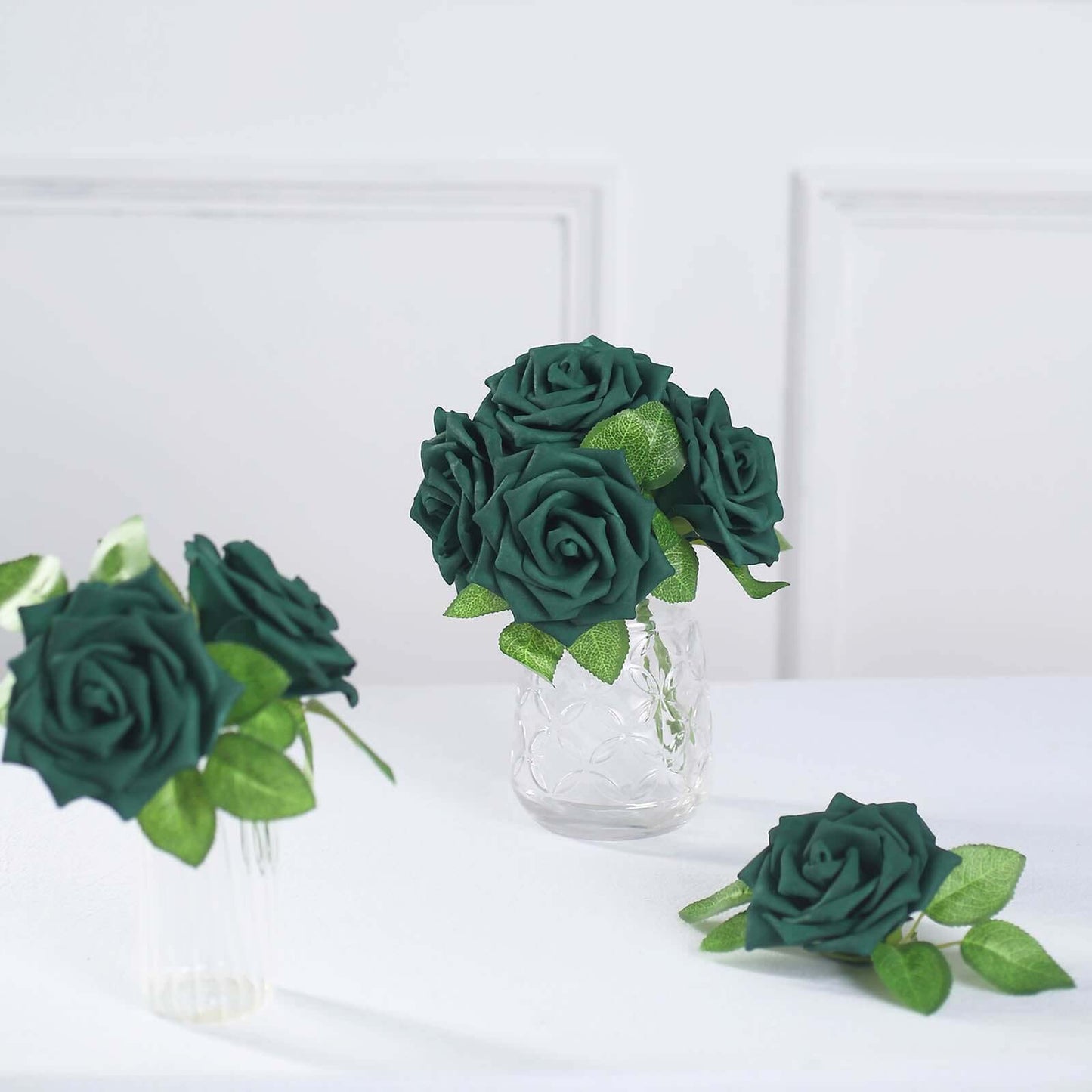 24 Roses 5" Hunter Emerald Green Artificial Foam Flowers With Stem Wire and Leaves