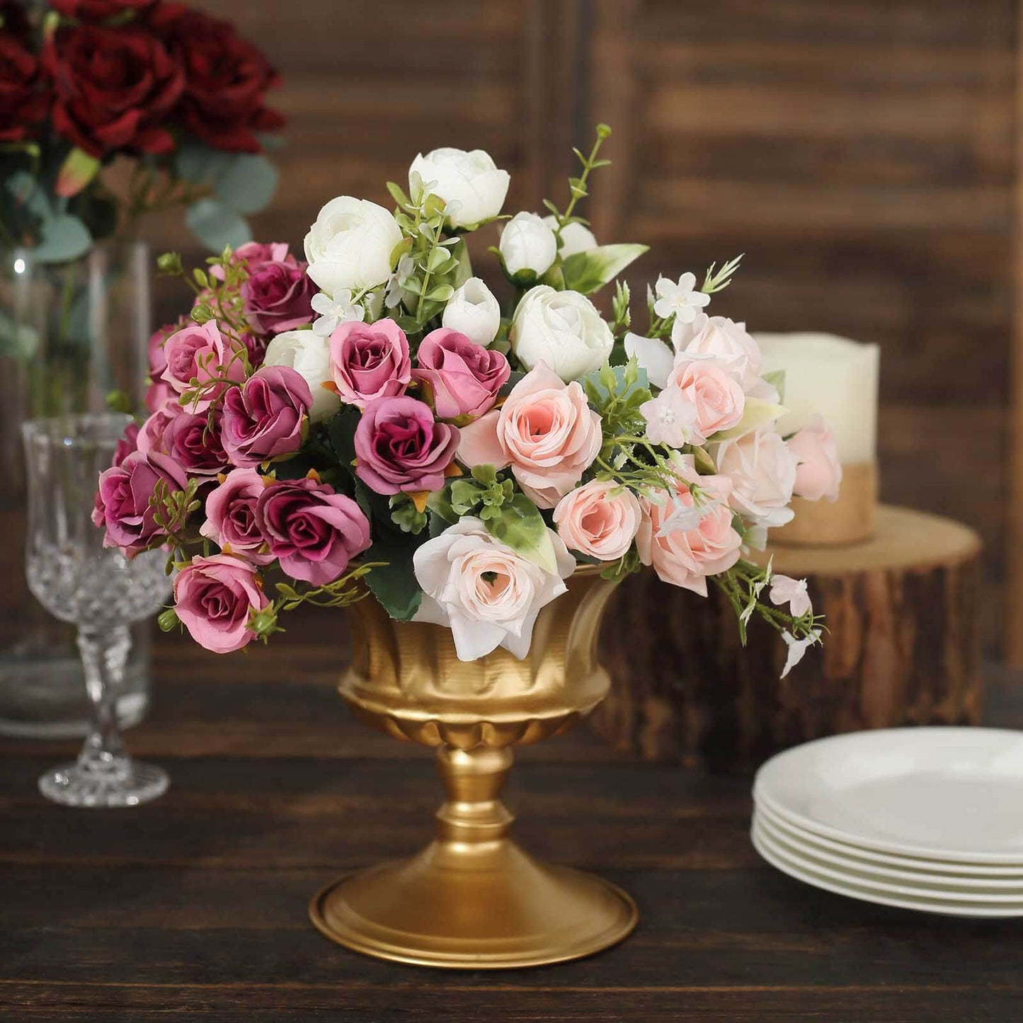 2-Pack Metal Pedestal Flower Vases Roman Style Gold - Sophisticated Mini Compote Vase for Table Settings 6"