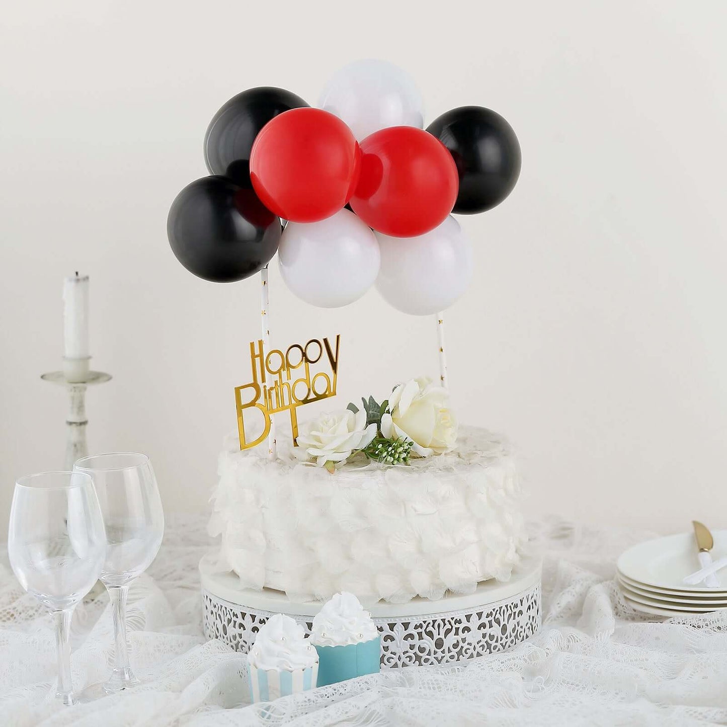 11 Pcs Balloon Cake Topper Black, Red and White - Whimsical Clustered Mini Garland Cake Inserts DIY Party Decorations