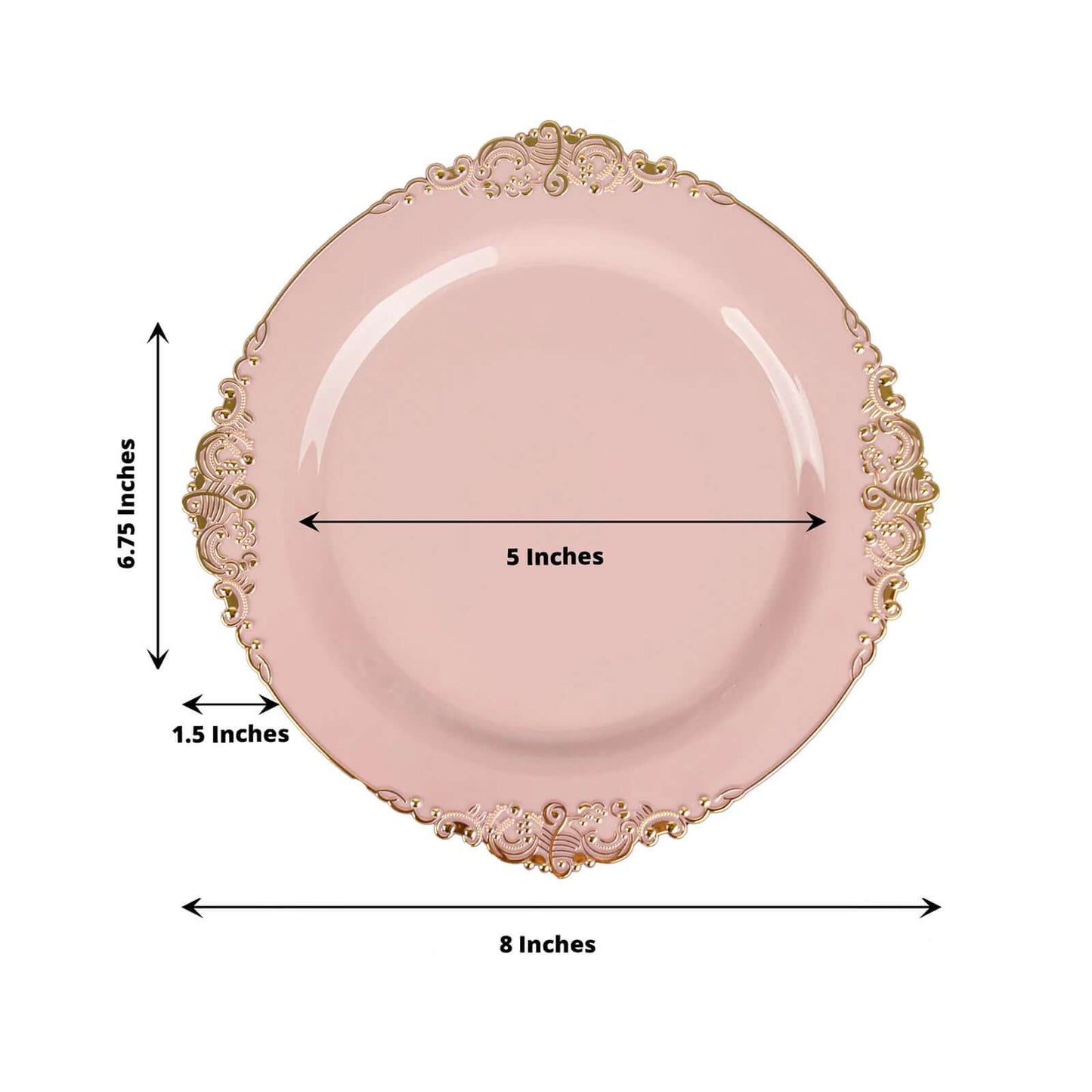 10-Pack Plastic 8" Round Dessert Plates in Blush with Gold Leaf Embossed Rim - Disposable Vintage Baroque Style Salad Plates
