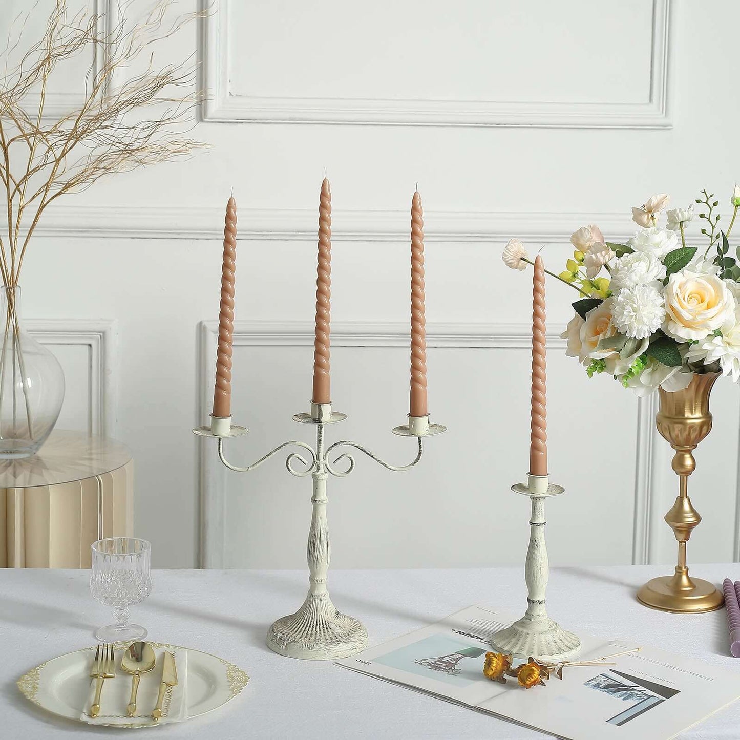 12-Pack Taper Candles Spiral Long Burn Wick Design Beige - Premium Unscented Wax Dinner Candle Sticks 11"