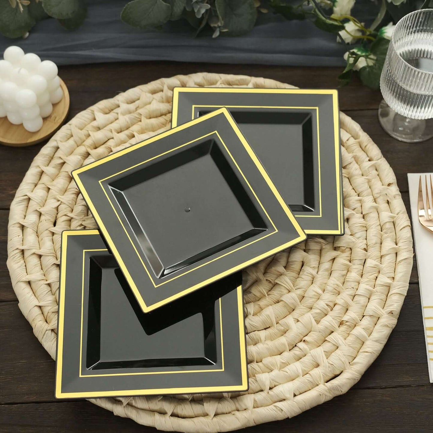 10-Pack Plastic Salad Dessert Plates Black Square with Gold Trim - Durable Disposable Appetizer Plates 7"