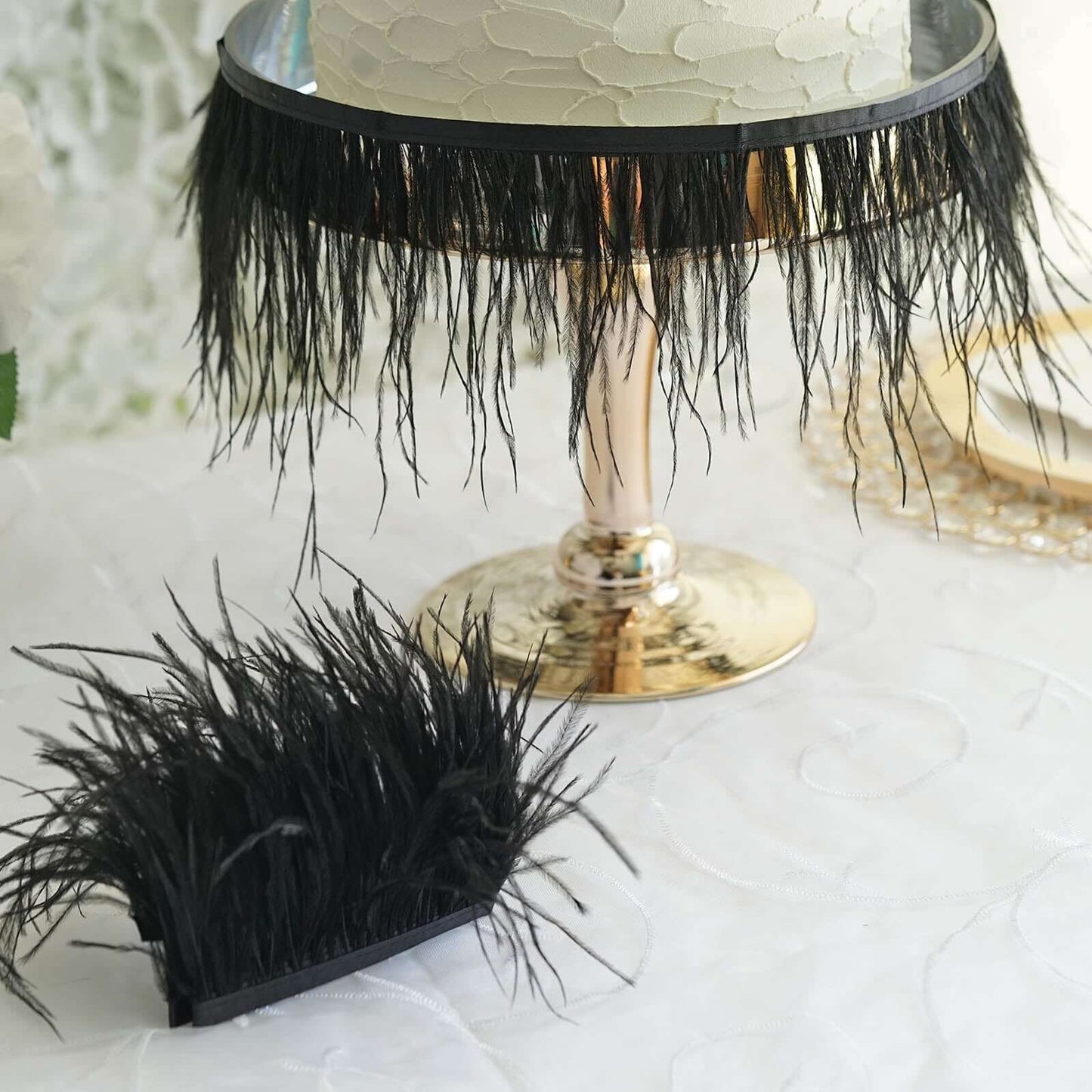 39" Black Real Ostrich Feather Fringe Trim With Satin Ribbon Tape