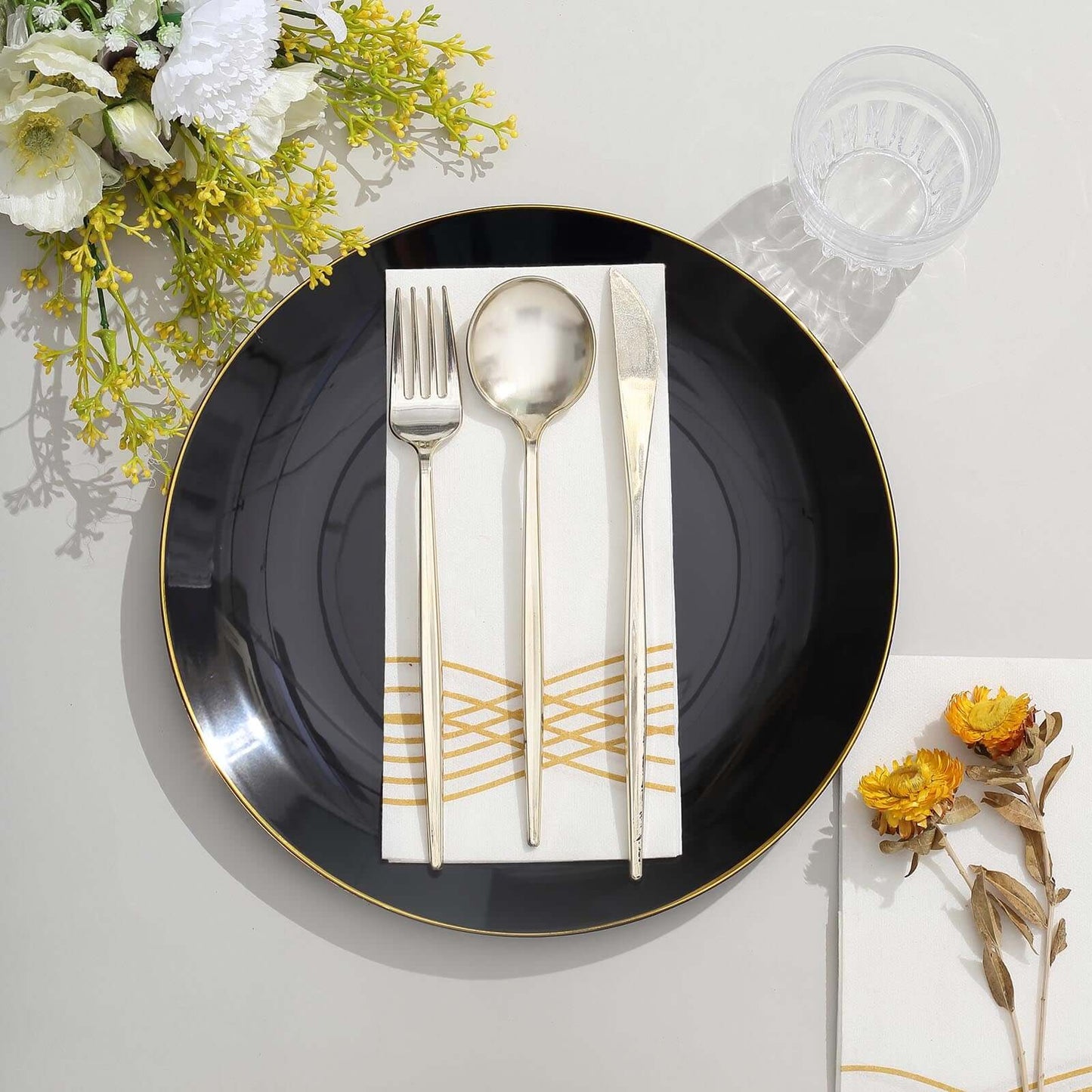 10-Pack Plastic 10" Round Dinner Plates in Black with Gold Rim - Glossy Disposable Party Plates