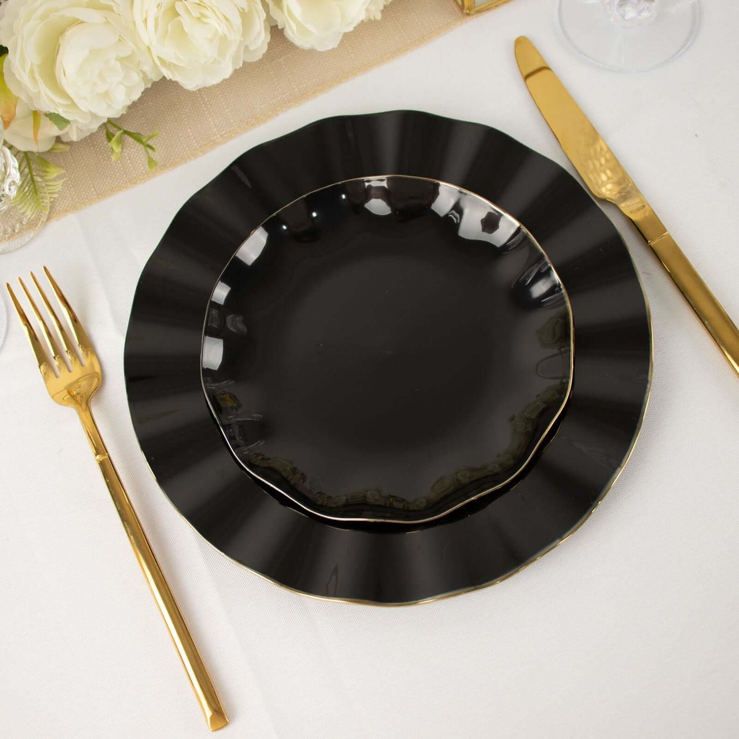 10-Pack Plastic Round 6" Dessert Plates in Black Ruffled Rim with Gold Edging - Sturdy Disposable Salad Appetizer Dinnerware