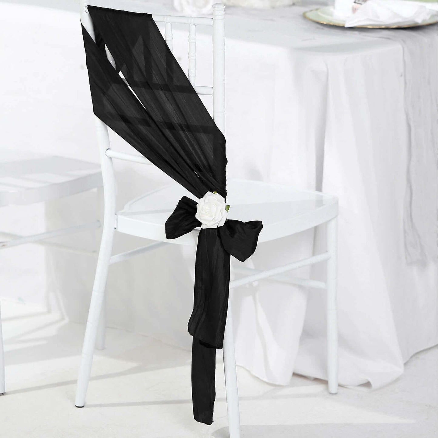5 Pack Taffeta 6"x106" Chair Sashes Black Accordion Crinkle Texture - Stylish Decor for Weddings & Gatherings