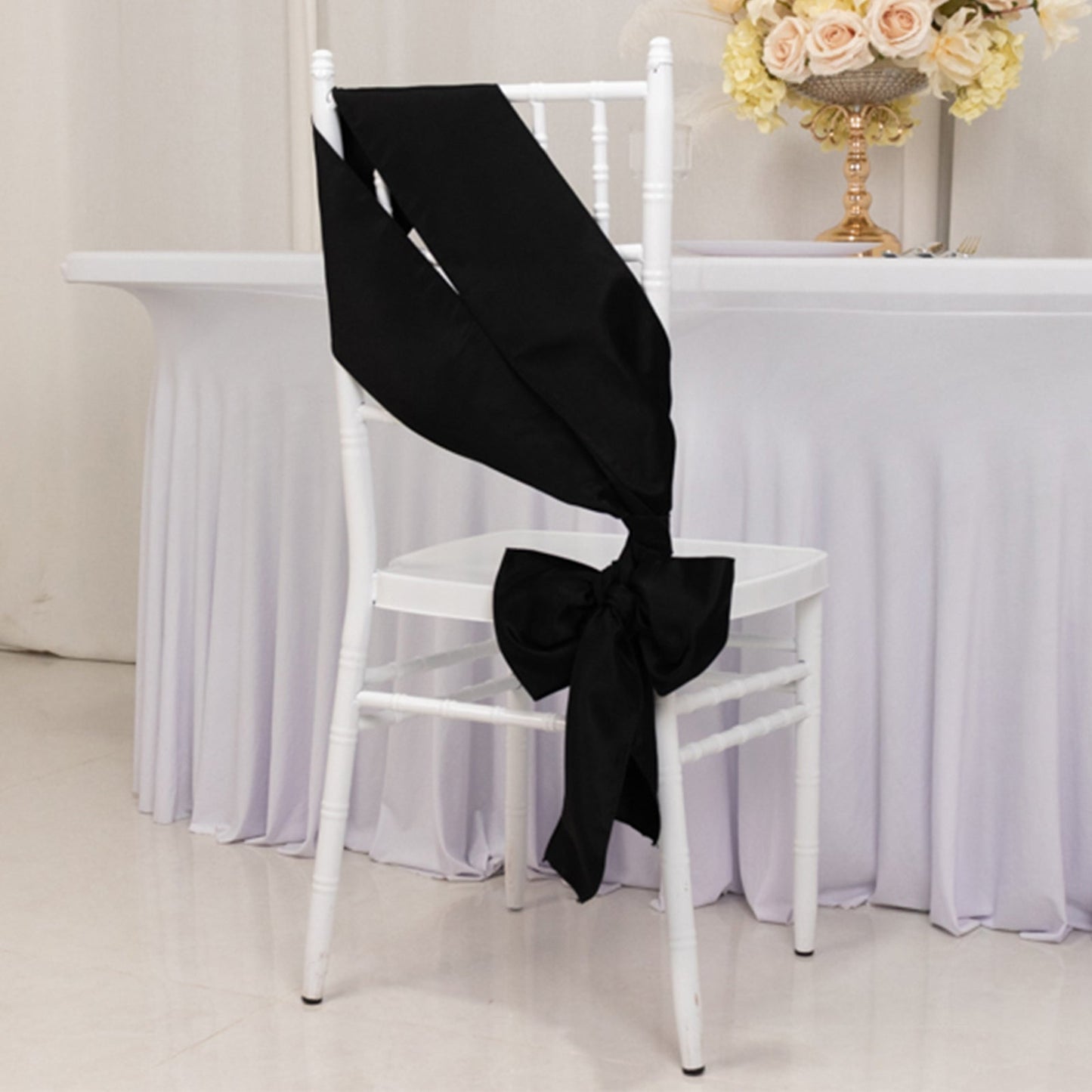 5 Pack Lamour Satin 6"x106" Chair Sashes Black - Stylish Reusable Decorative Bows for Weddings & Gatherings