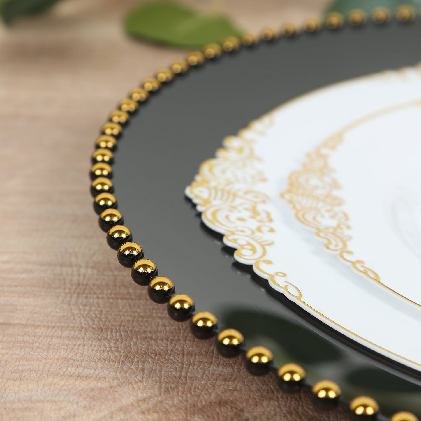 10-Pack Economy Round Plastic Charger Plates 13" in Black with Gold Beaded Rim, Stylish Dinner Party Serving Plates