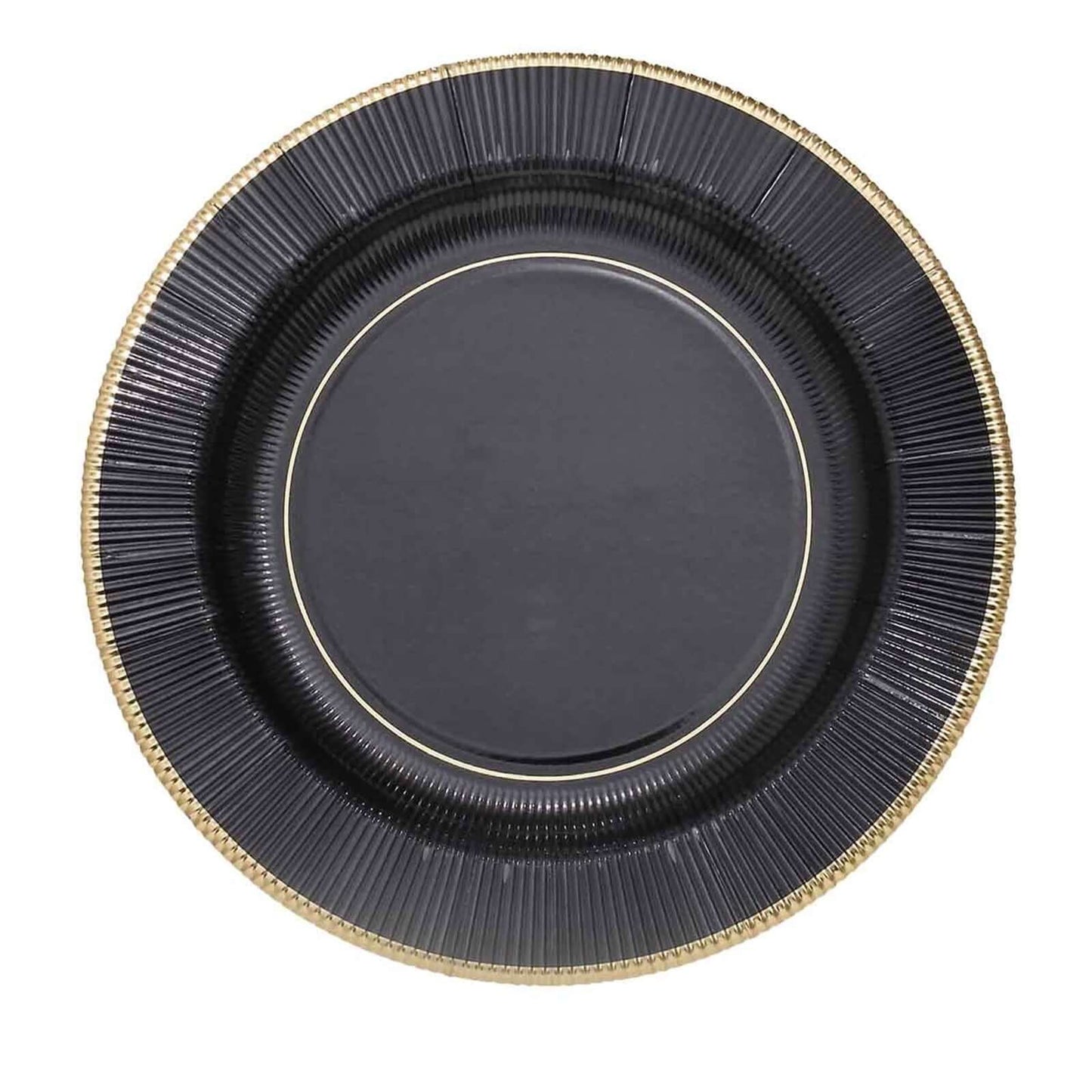 25-Pack Paper 10" Round Dinner Plates in Black Sunray Design with Gold Rim - Disposable Heavy Duty 350GSM Party Plates for Banquets & Celebrations