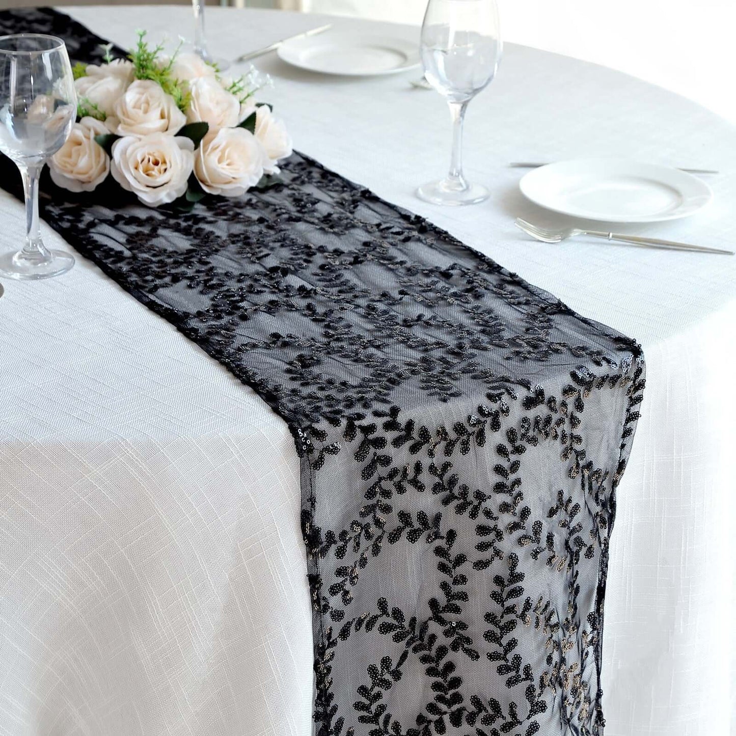 Mesh 12"x108" Table Runner Black - Leaf Vine Embroidery