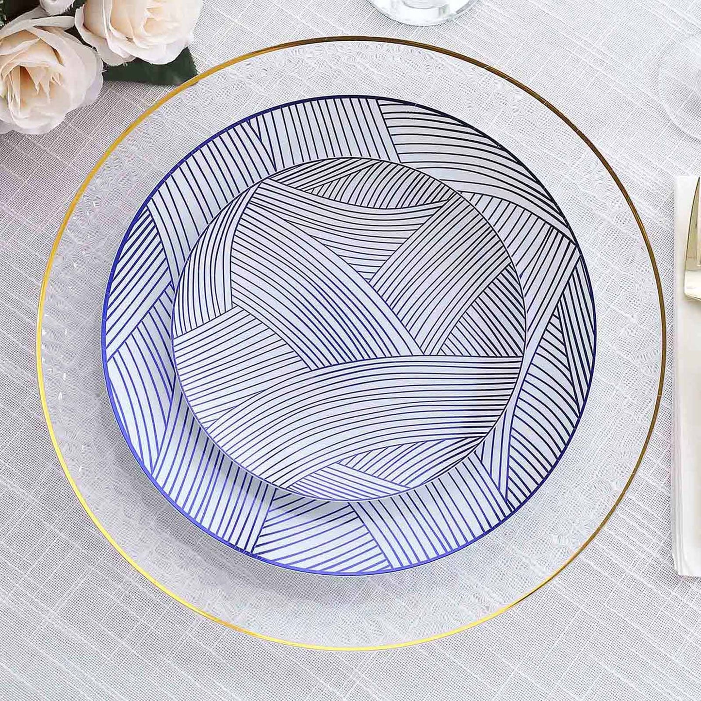 10-Pack Plastic 7" Round Dessert Plates in White with Blue Wave Brush Strokes Pattern - Disposable Appetizer Salad Plates