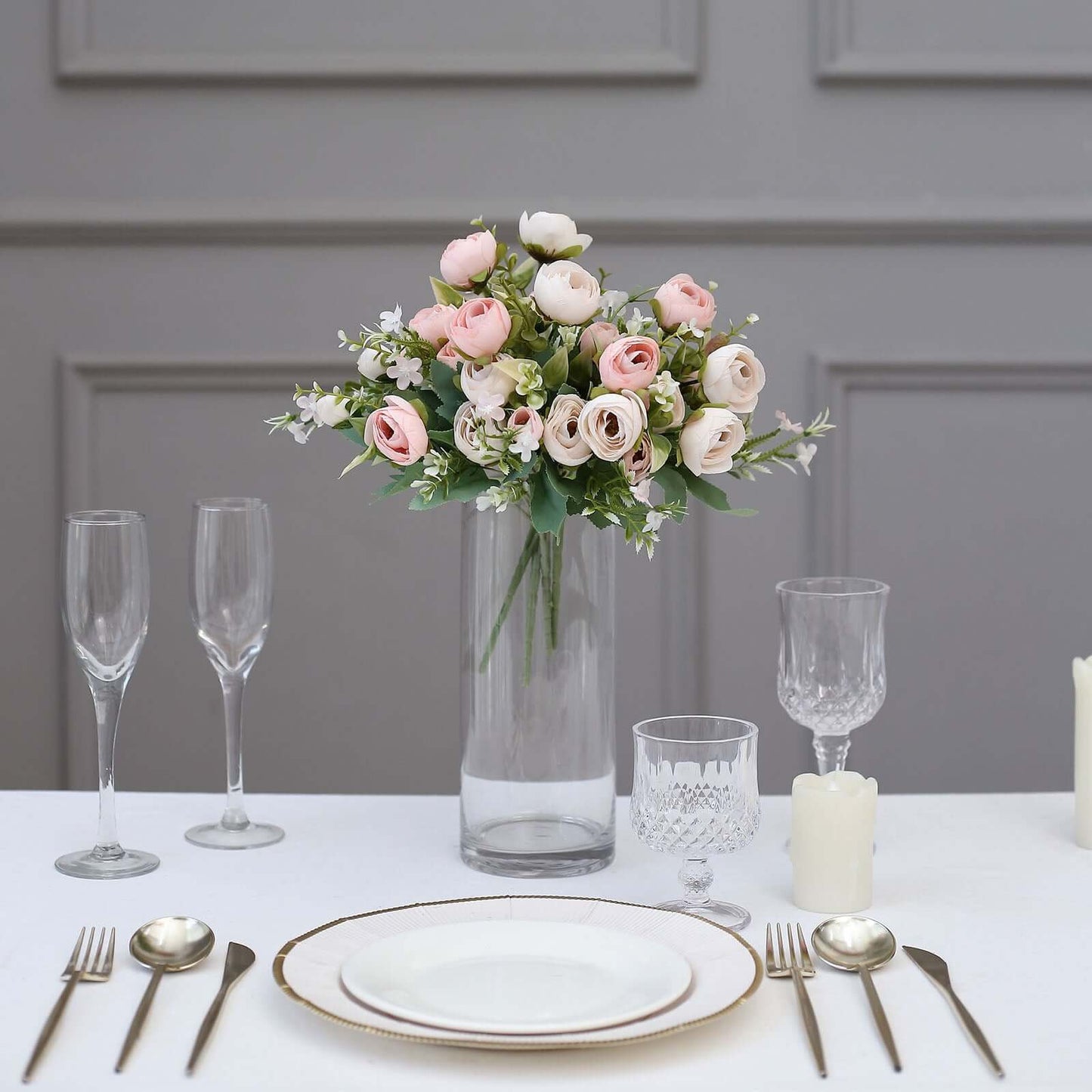 4 Pack 12" Artificial Blush Ranunculus Silk Flower Bridal Bouquets, Faux Buttercup Floral Arrangement