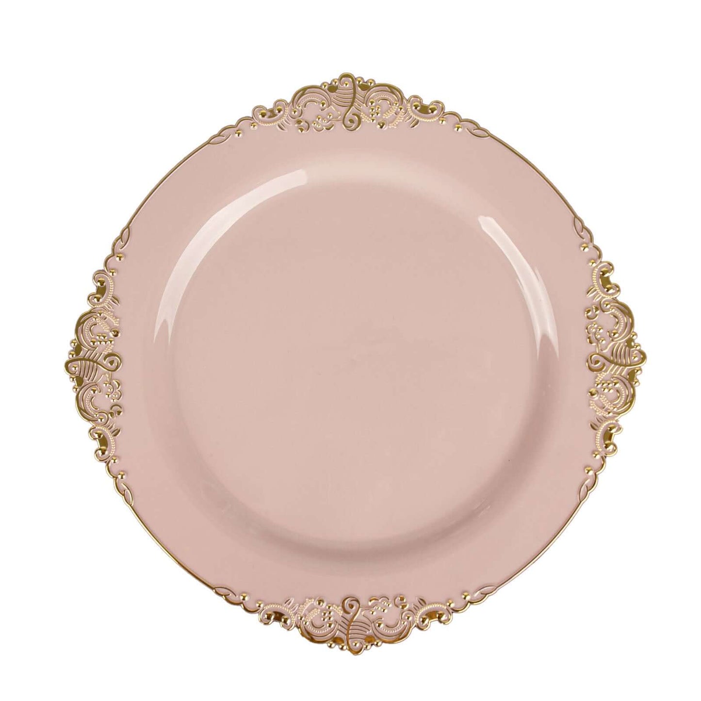 10-Pack Plastic 10" Round Dinner Plates in Blush with Gold Leaf Embossed Rim - Disposable Vintage Baroque Style Plates